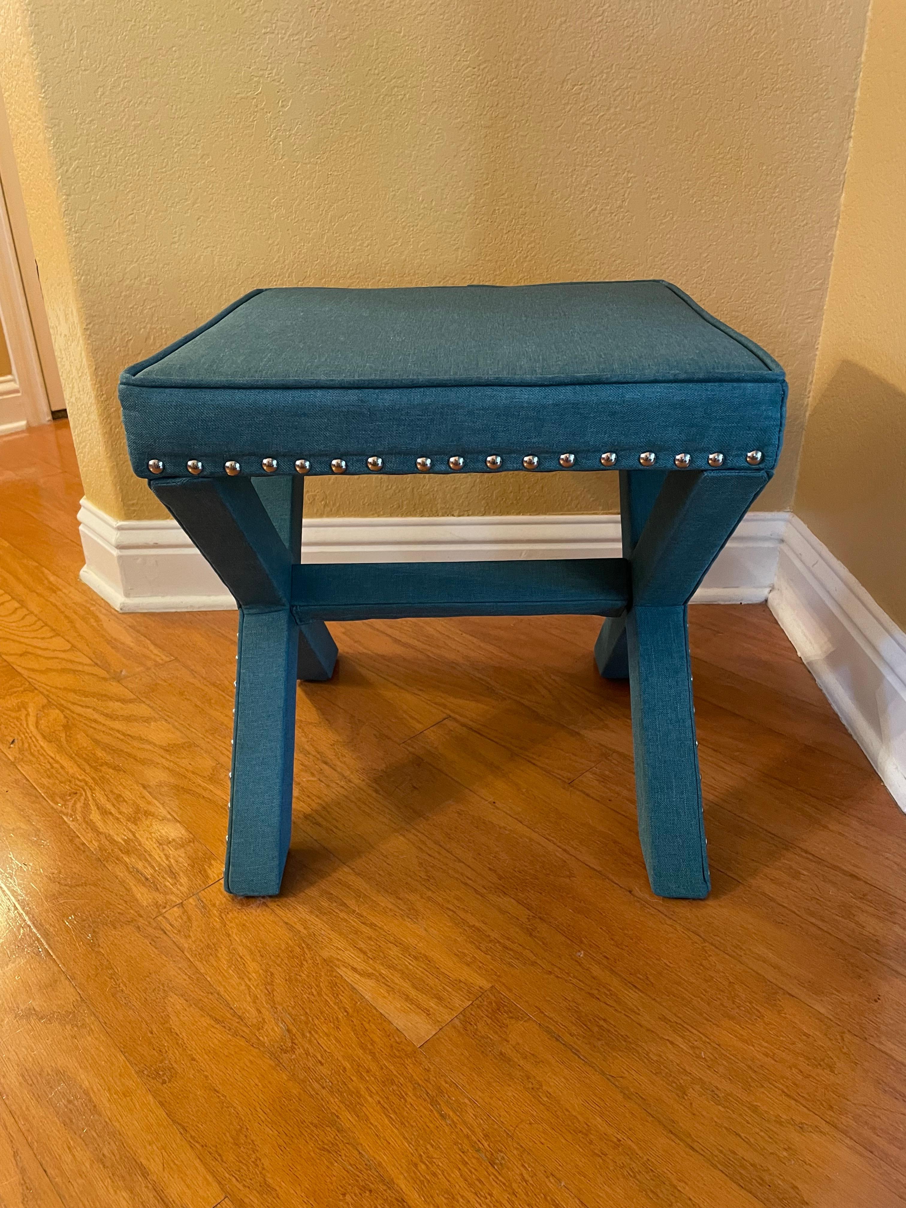 American Deep Turquoise Blue-Green X Bench with Silver Nail Heads For Sale