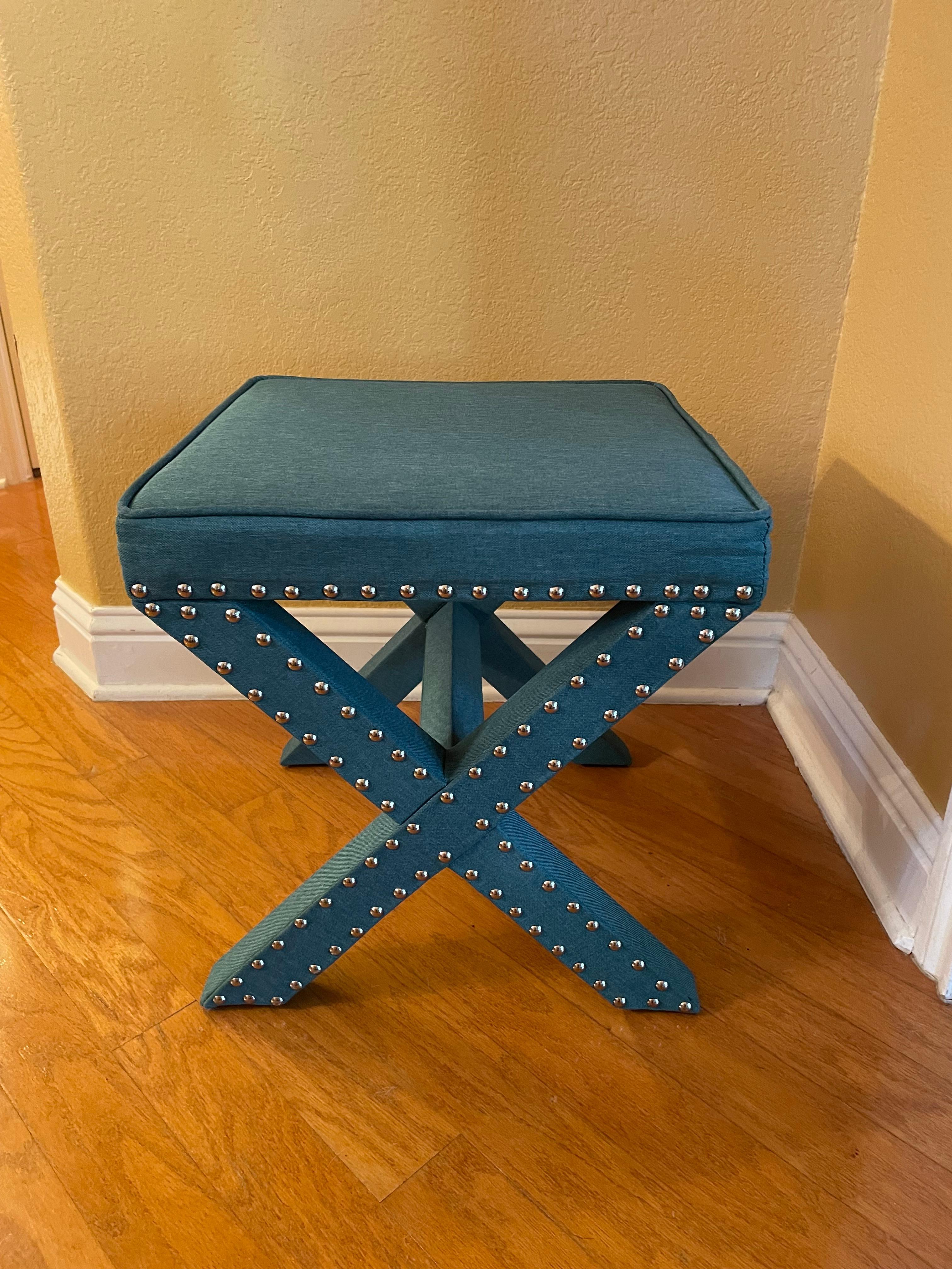 20th Century Deep Turquoise Blue-Green X Bench with Silver Nail Heads For Sale