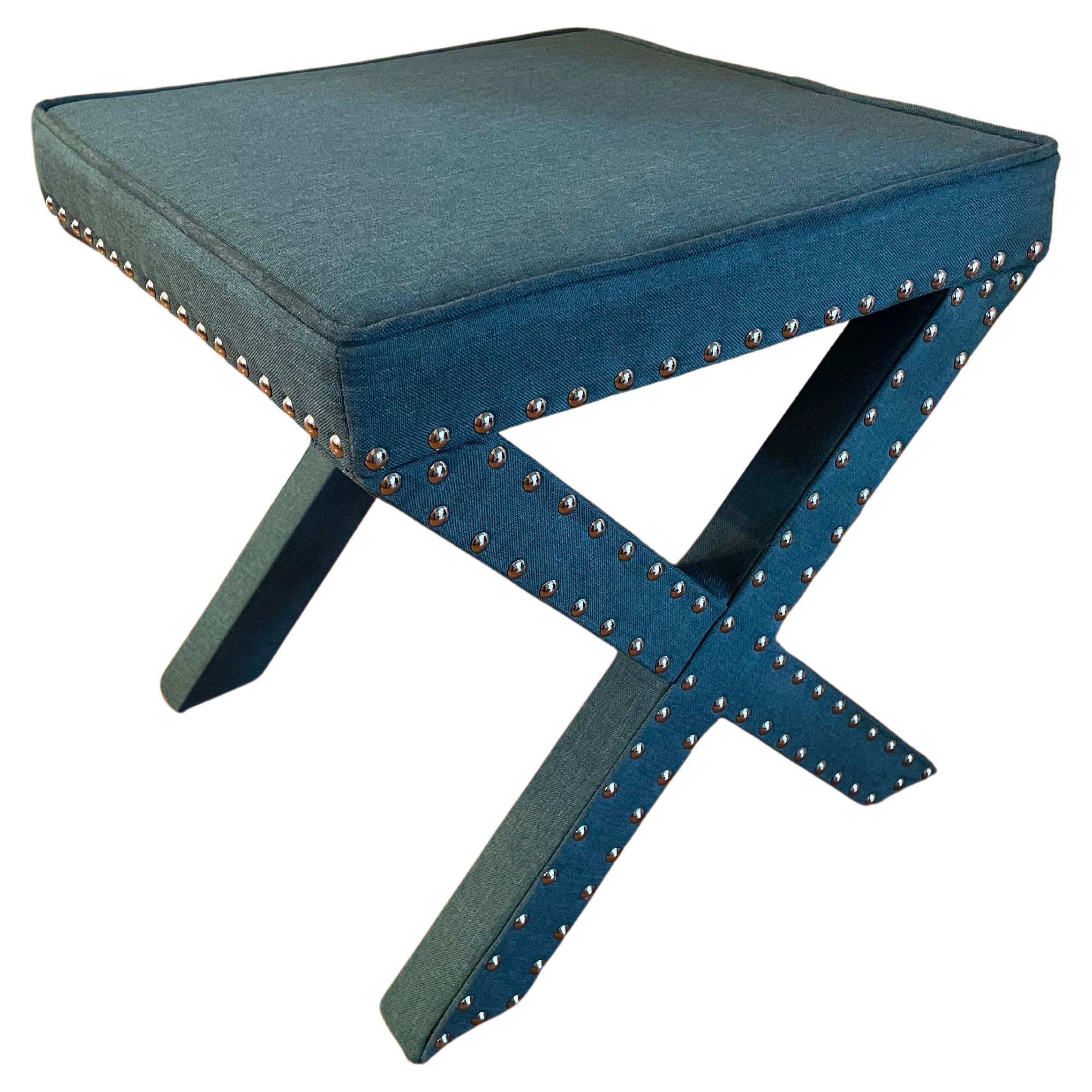 Deep Turquoise Blue-Green X Bench with Silver Nail Heads For Sale