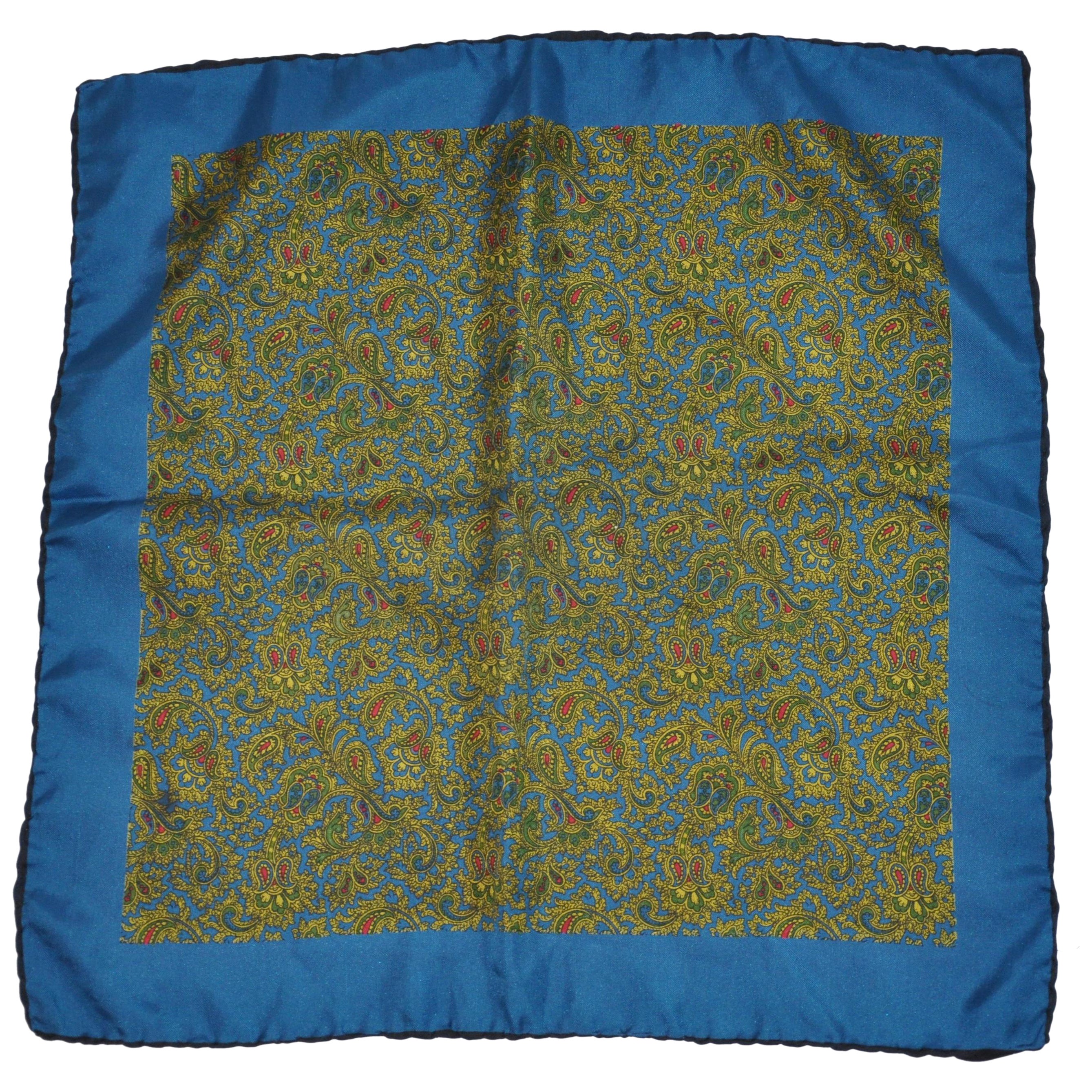 Pañuelo de Seda "Paisley Floral" con Borde Turquesa Profundo
