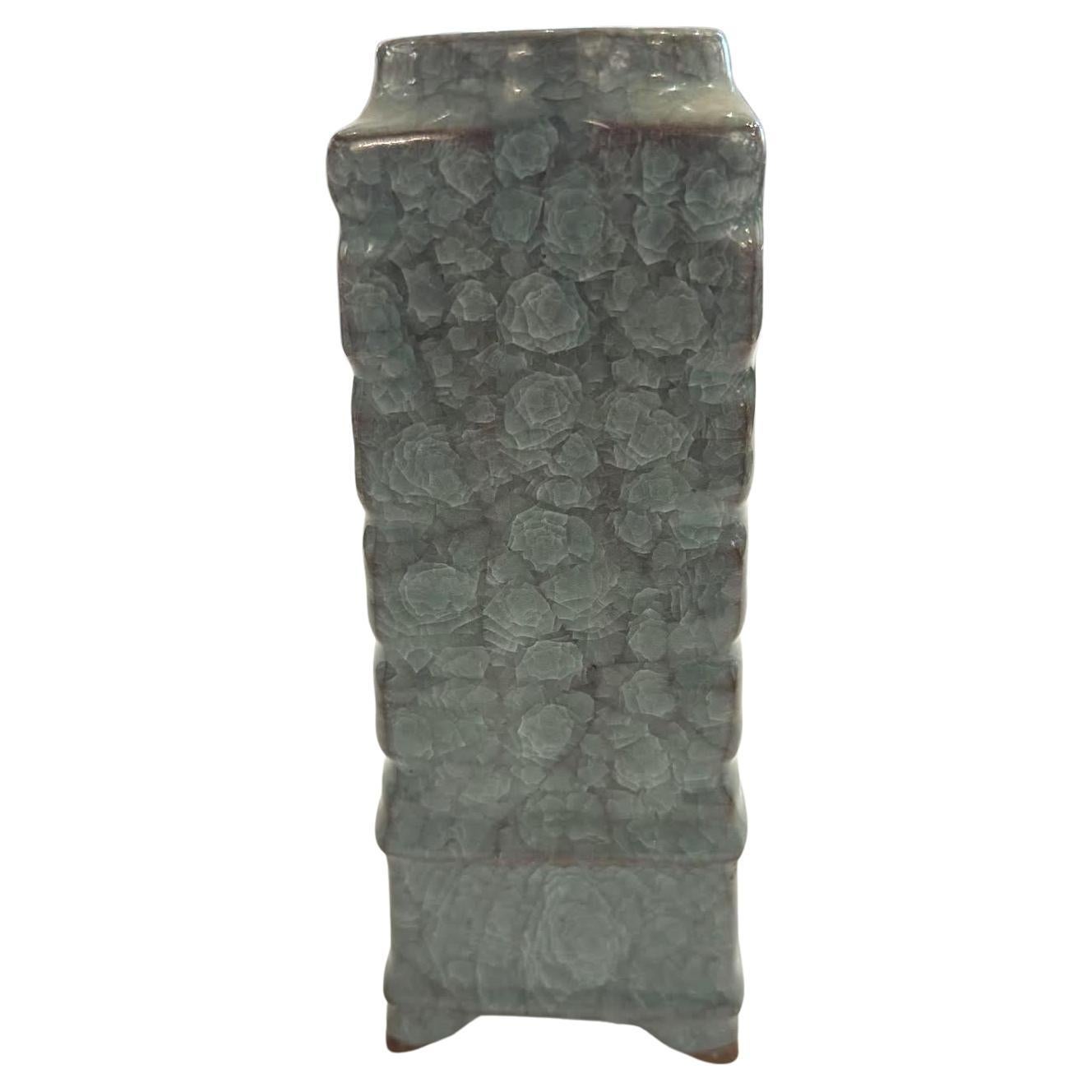 Chinese Deep Turquoise Contrast Crackle Square Shape Vase, China, Contemporary For Sale