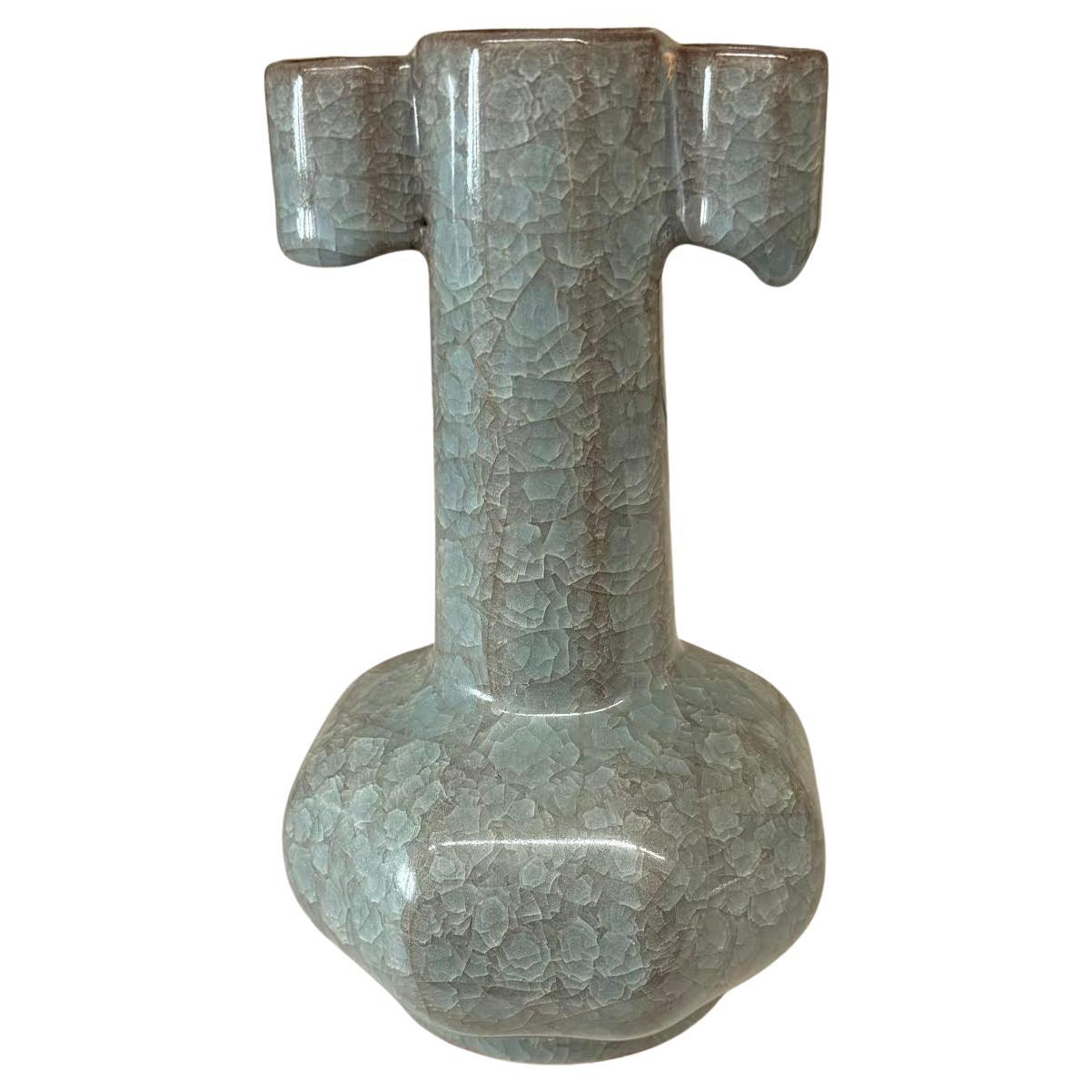 Deep Turquoise Crackle Glaze Tubular Shaped Handled Vase, China, Contemporary