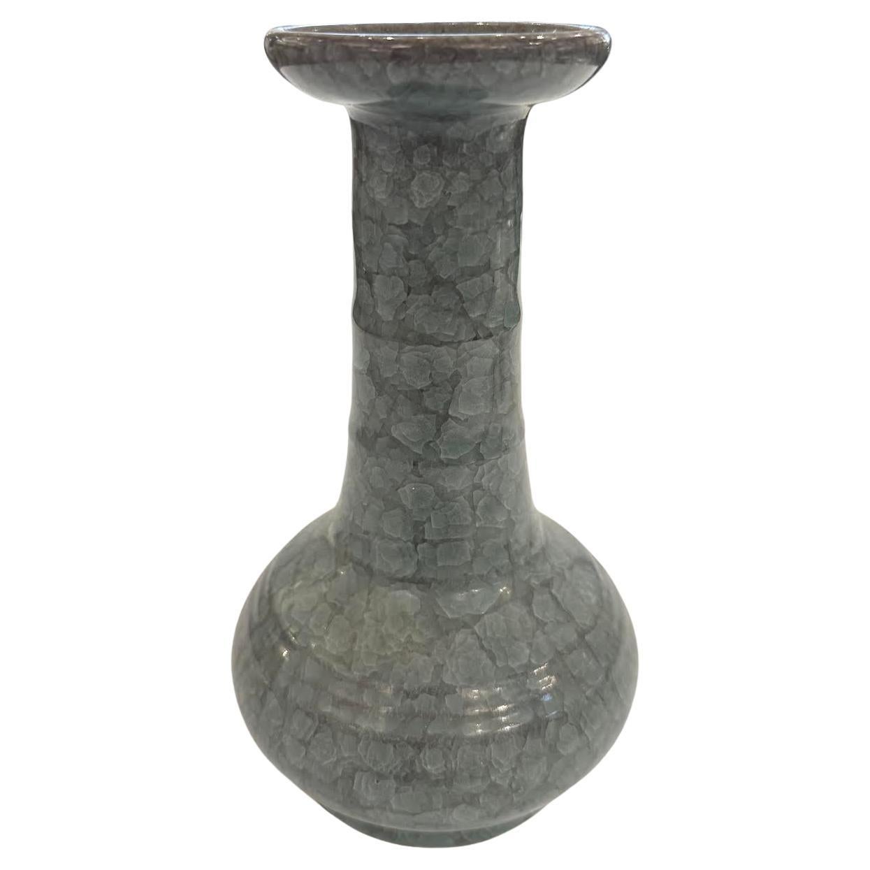 Deep Turquoise Crackle Ribbed Funnel Neck Shape Vase, China, Contemporary