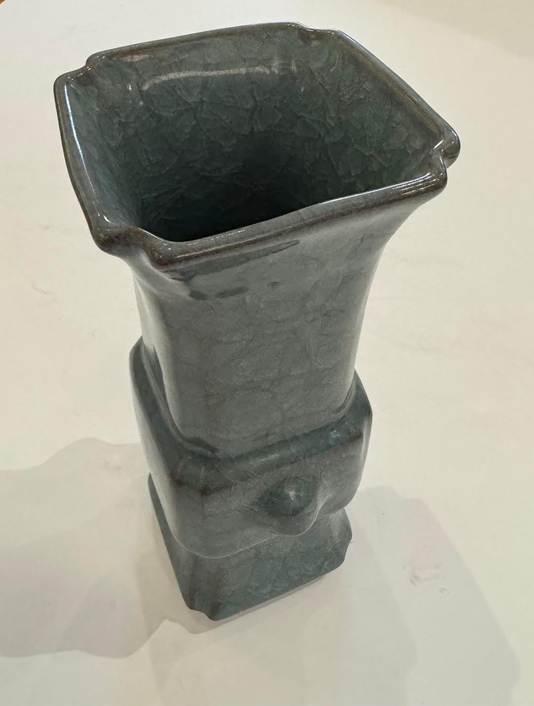 Chinese Deep Turquoise Crackle Square Shape Vase, China, Contemporary For Sale