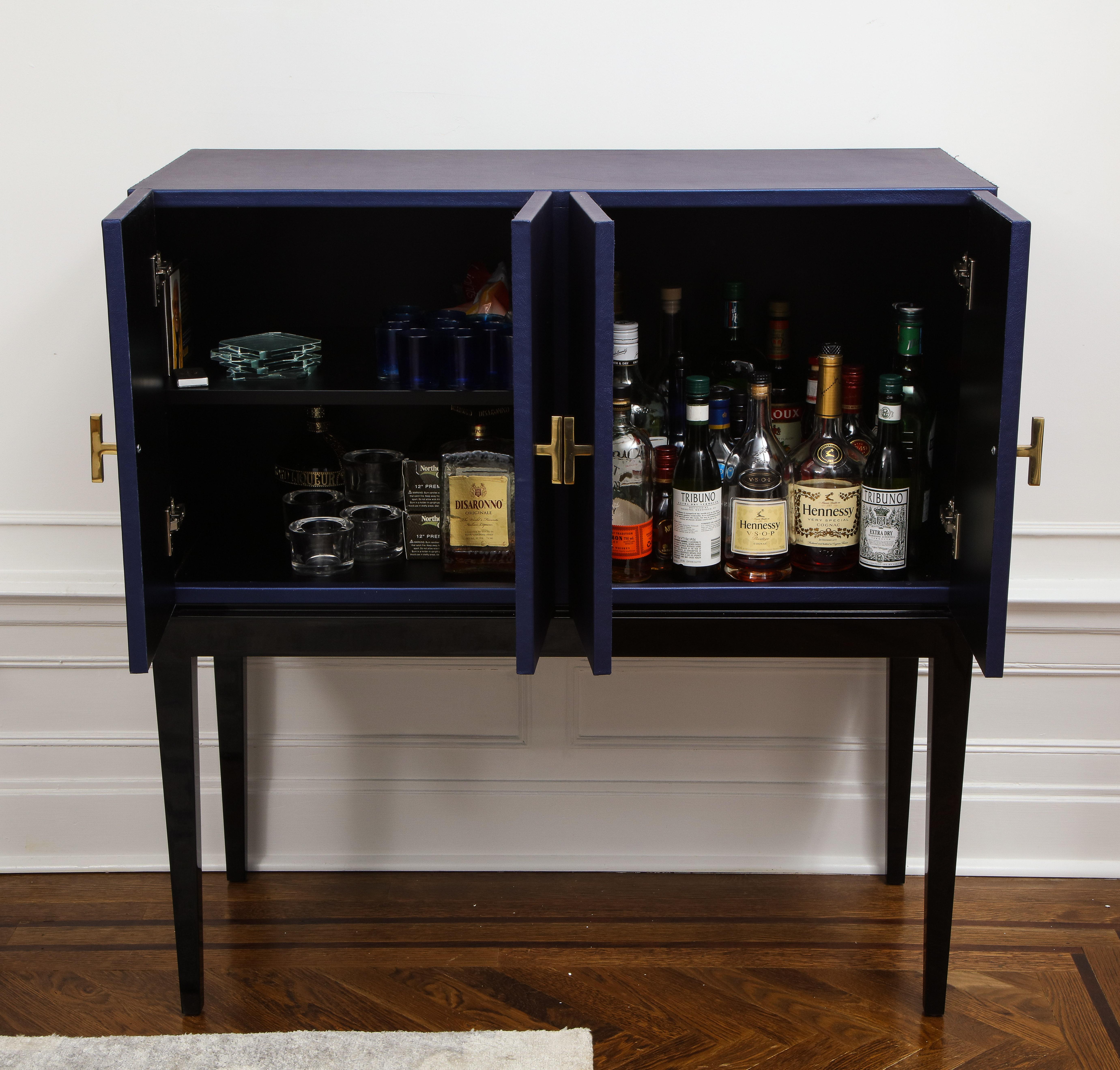 Modern Deep Ultramarine Leather Bar Cabinet with Brass Handles