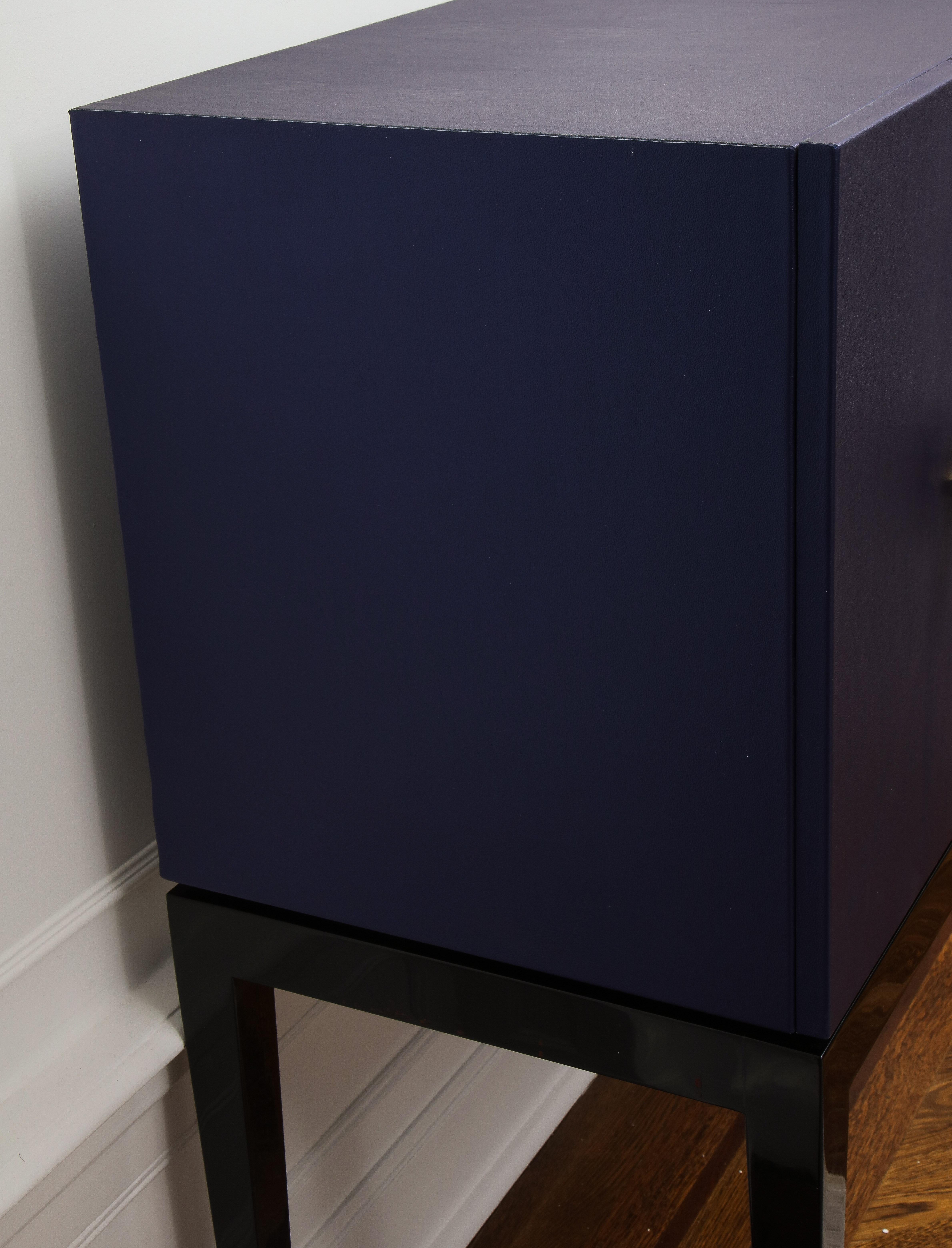 Deep Ultramarine Leather Bar Cabinet with Brass Handles In Good Condition In New York, NY