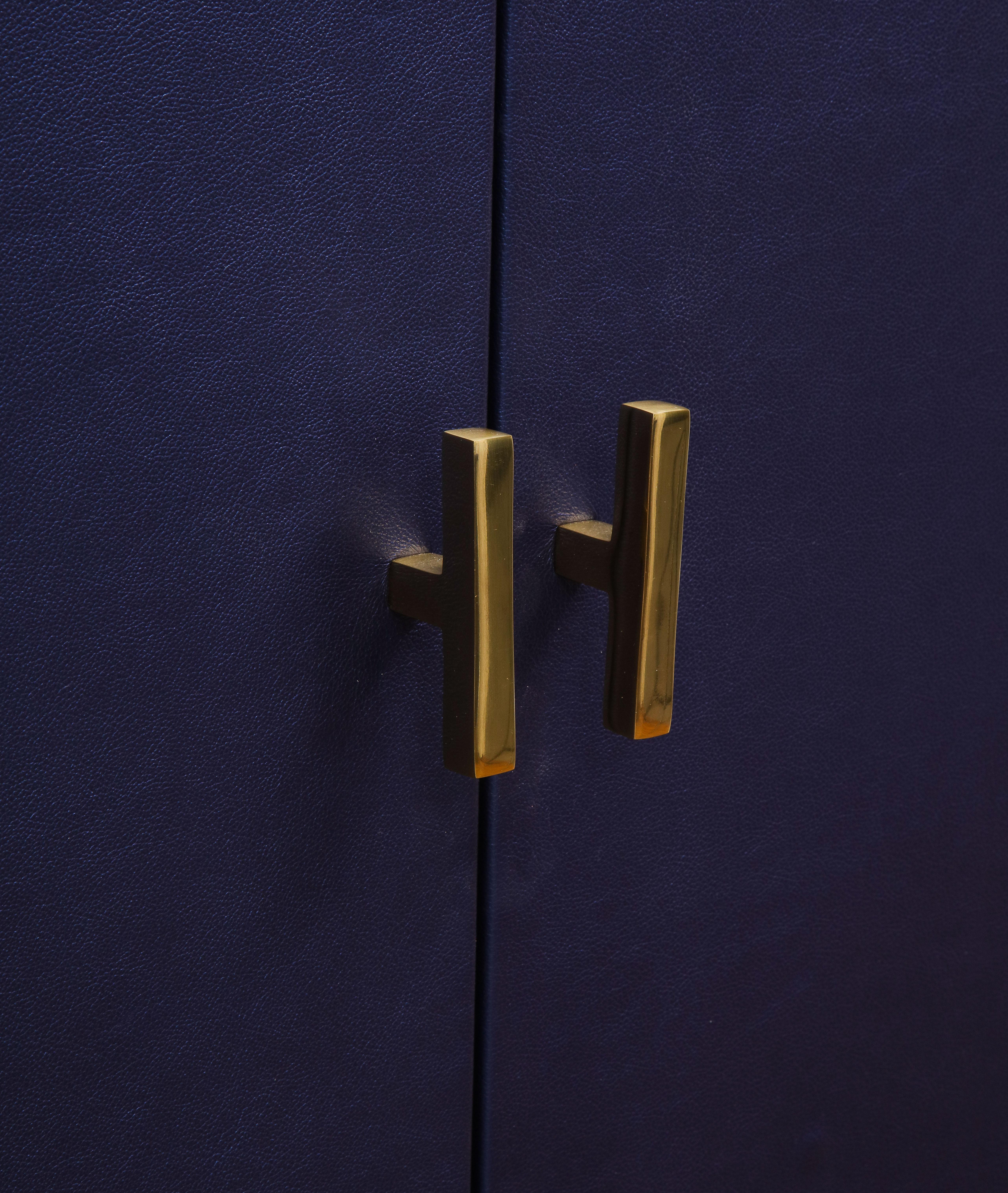 Contemporary Deep Ultramarine Leather Bar Cabinet with Brass Handles