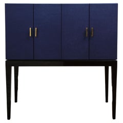 Deep Ultramarine Leather Bar Cabinet with Brass Handles