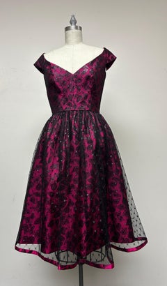 Party Dress in Fuchsia and Black Lace with Low V neck