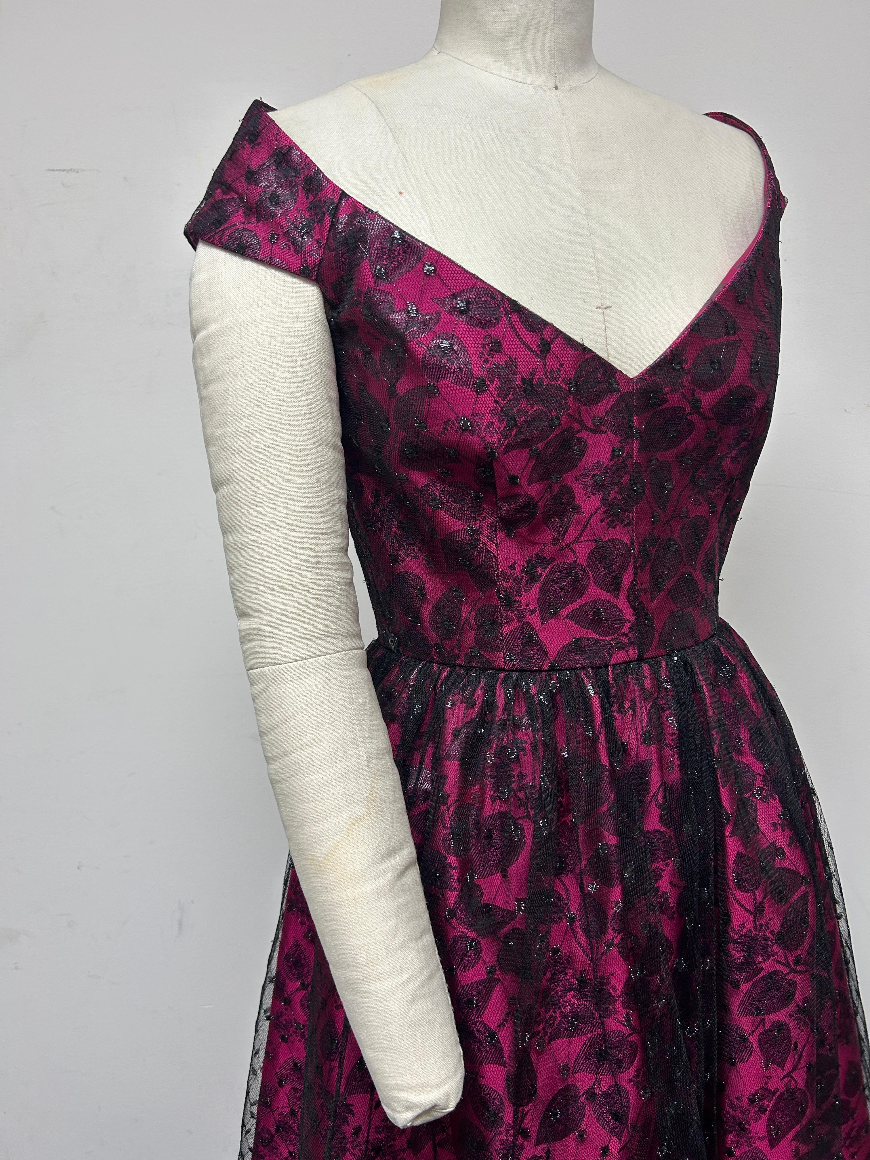 Women's Party Dress in Fuchsia and Black Lace with Low V neck For Sale