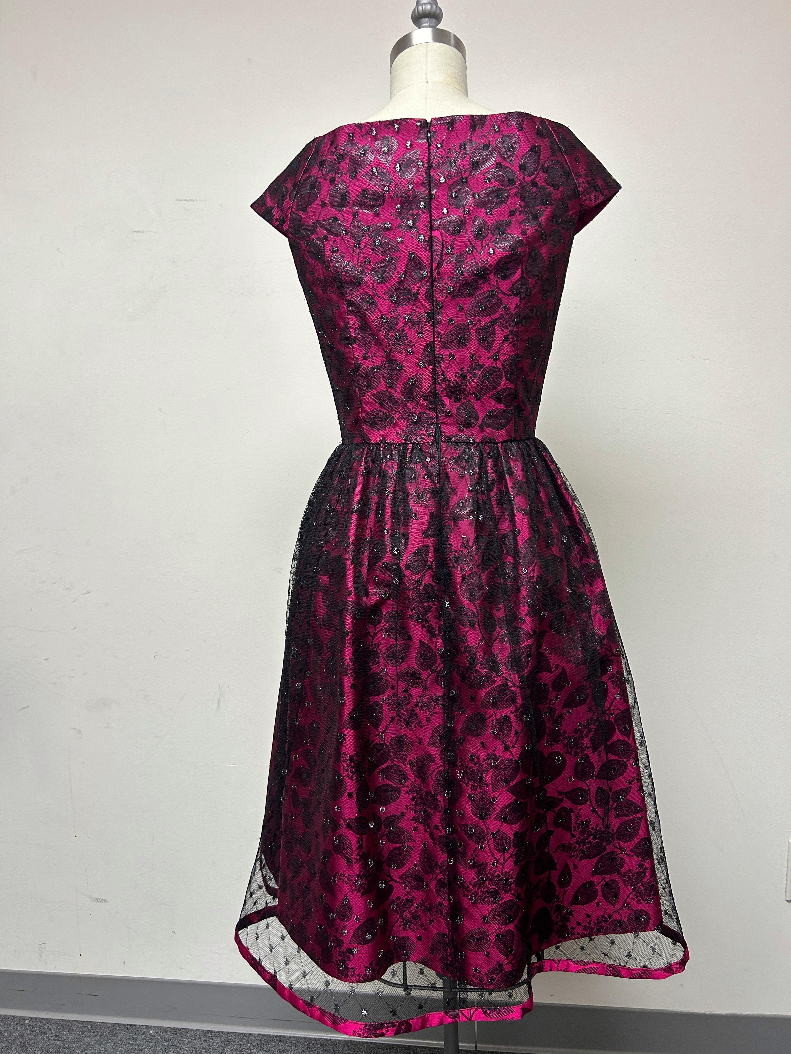 Party Dress in Fuchsia and Black Lace with Low V neck For Sale 1