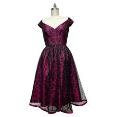 Vintage Party Dress in Fuchsia and Black Lace with Low V neck