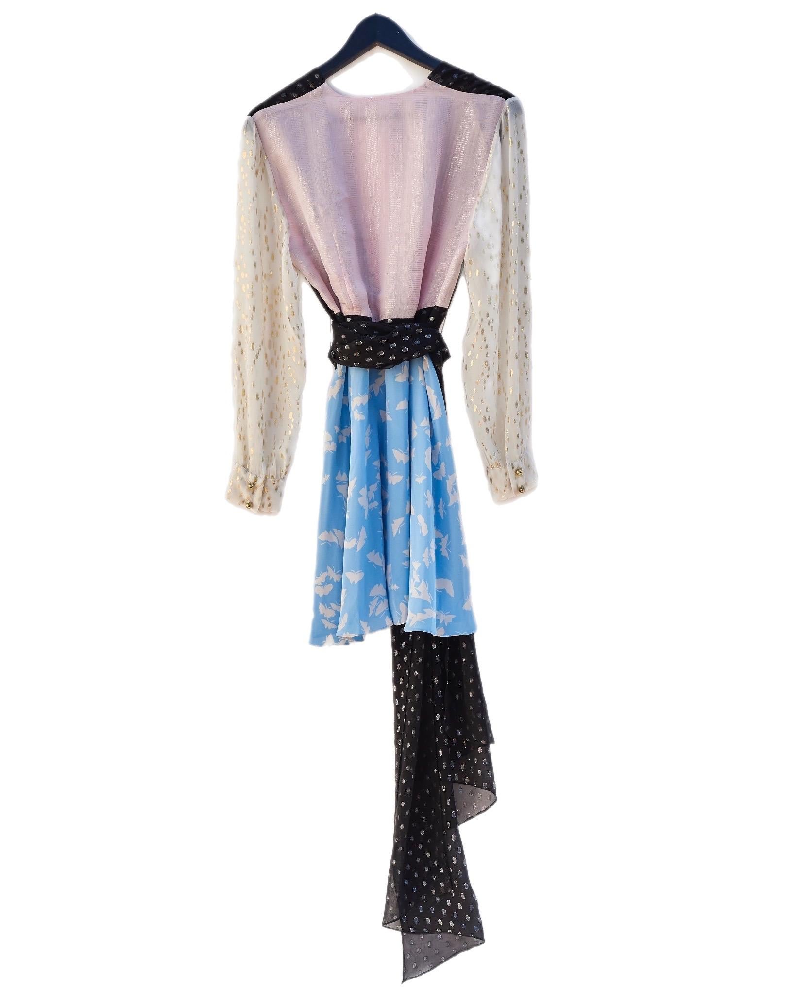 Deep V Printed Silk Dress Patchwork Pink Black White Light Blue 100% Silk For Sale 4