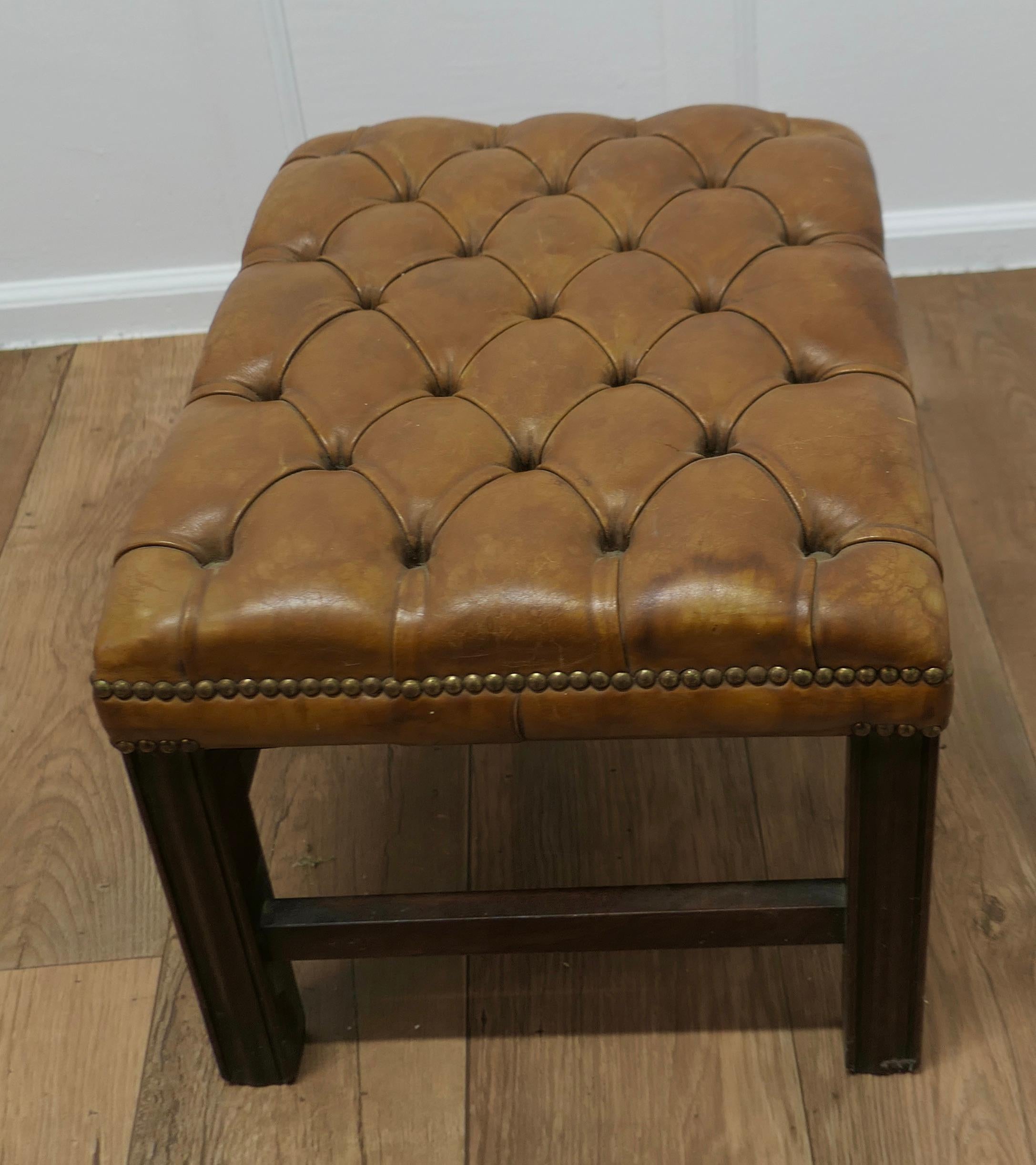 Late 19th Century Deeply Buttoned Chesterfield Tan Leather Library Stool  For Sale