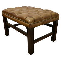 Deeply Buttoned Chesterfield Tan Leather Library Stool 