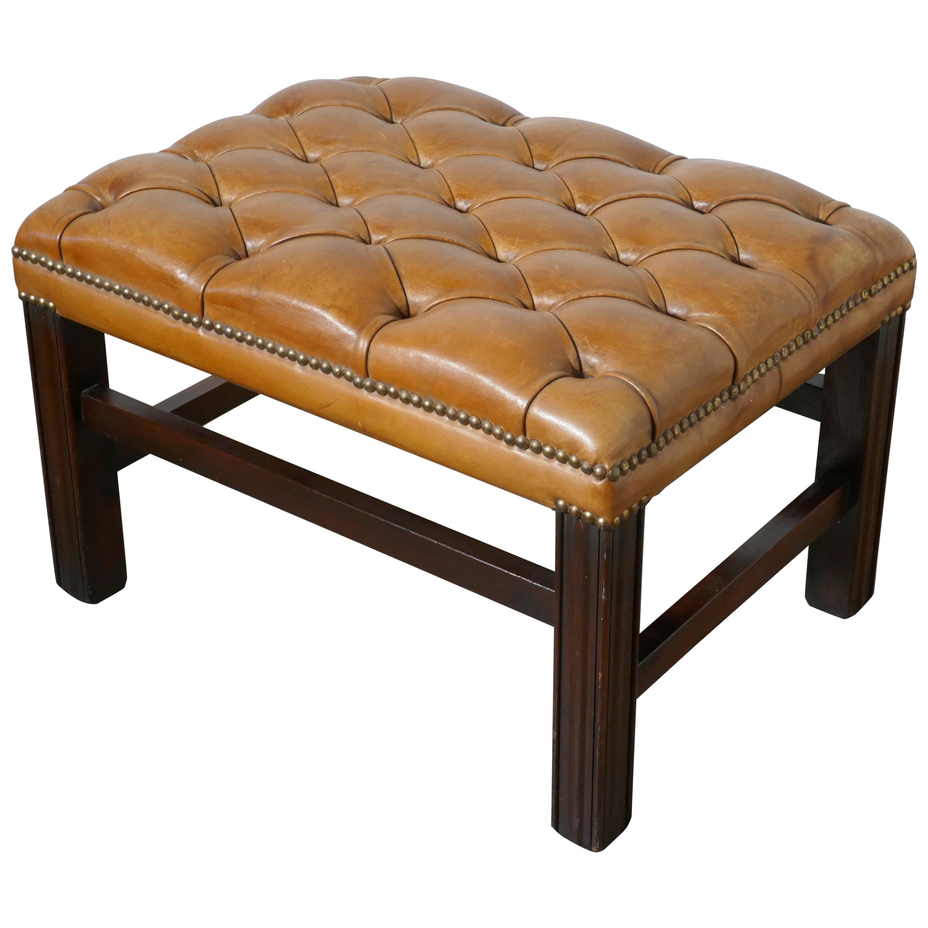 Deeply Buttoned Chesterfield Tan Leather Library Stool at 1stDibs