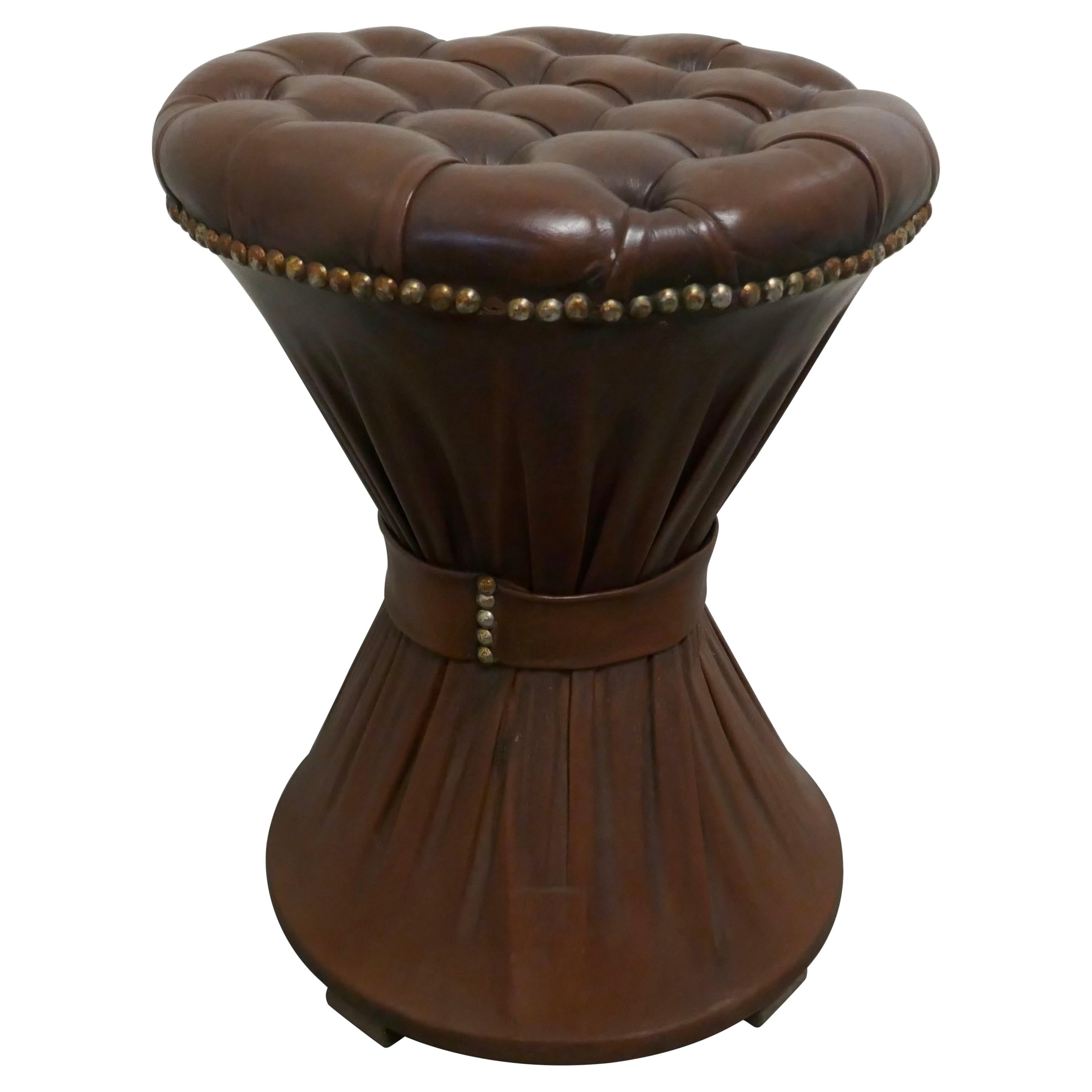 Deeply Buttoned Tam Tam Leather Stool For Sale