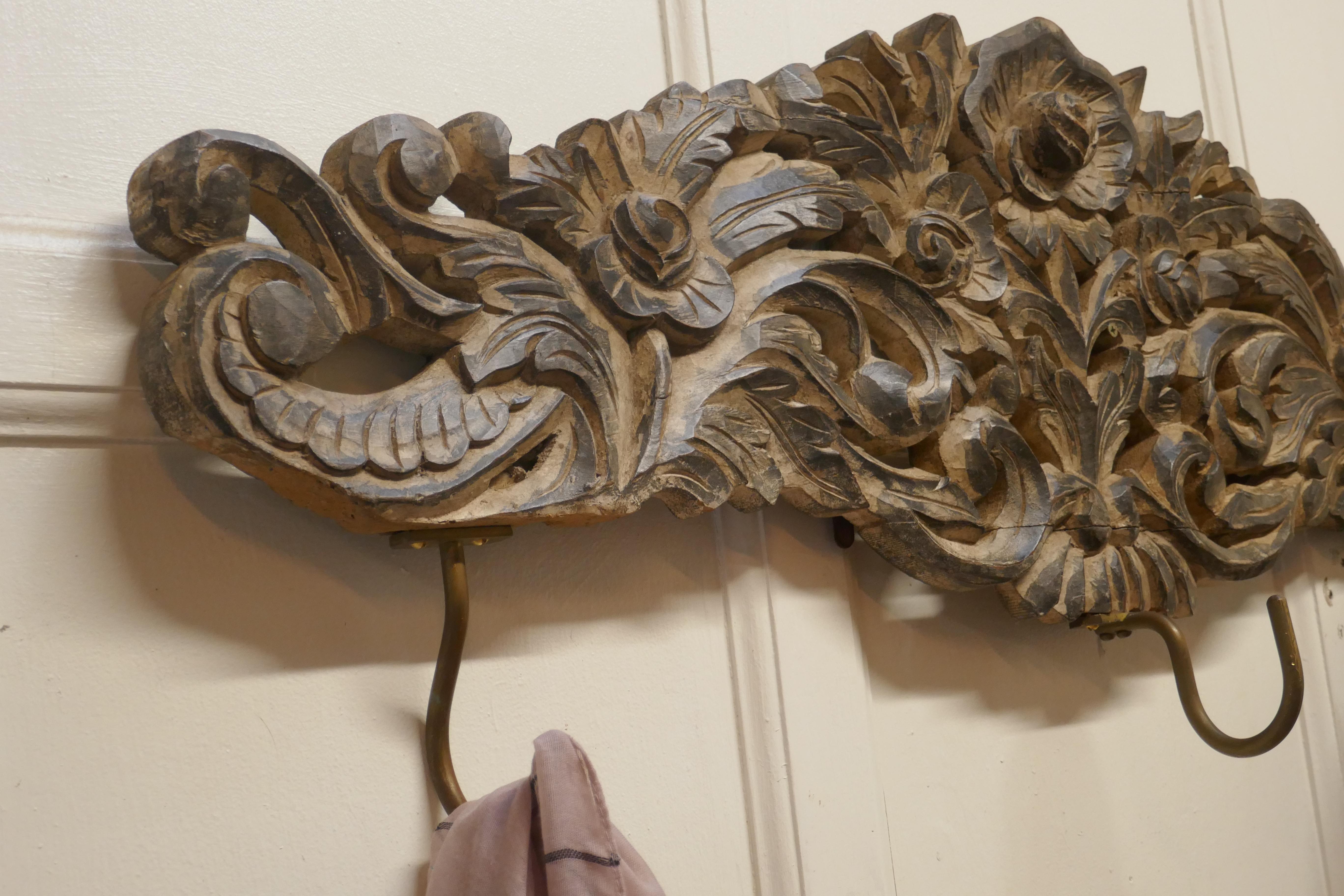 Teak Deeply Carved Hat and Coat Hooks Rack For Sale