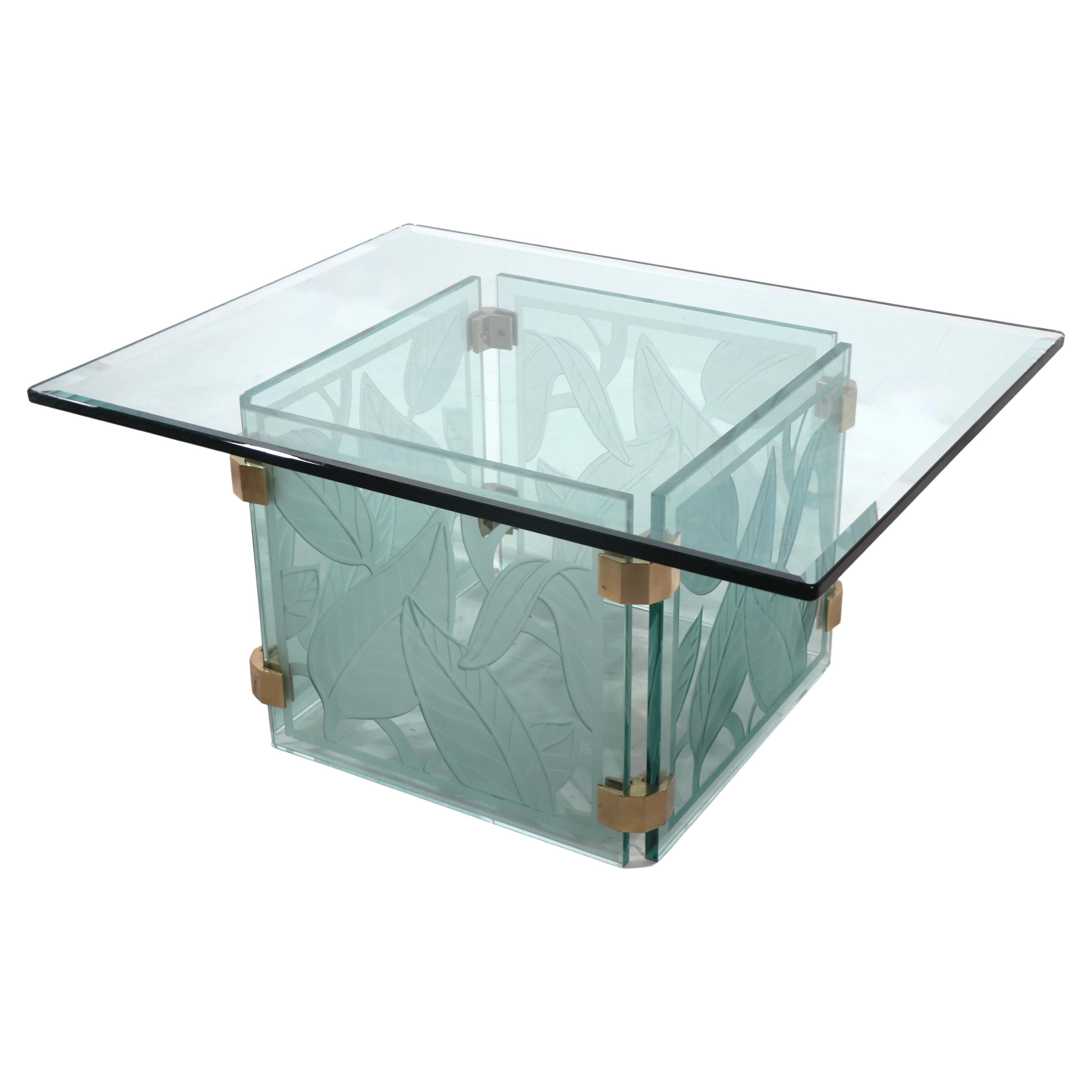 Deeply Etched Glass Mid Century Foliate Coffee Table For Sale