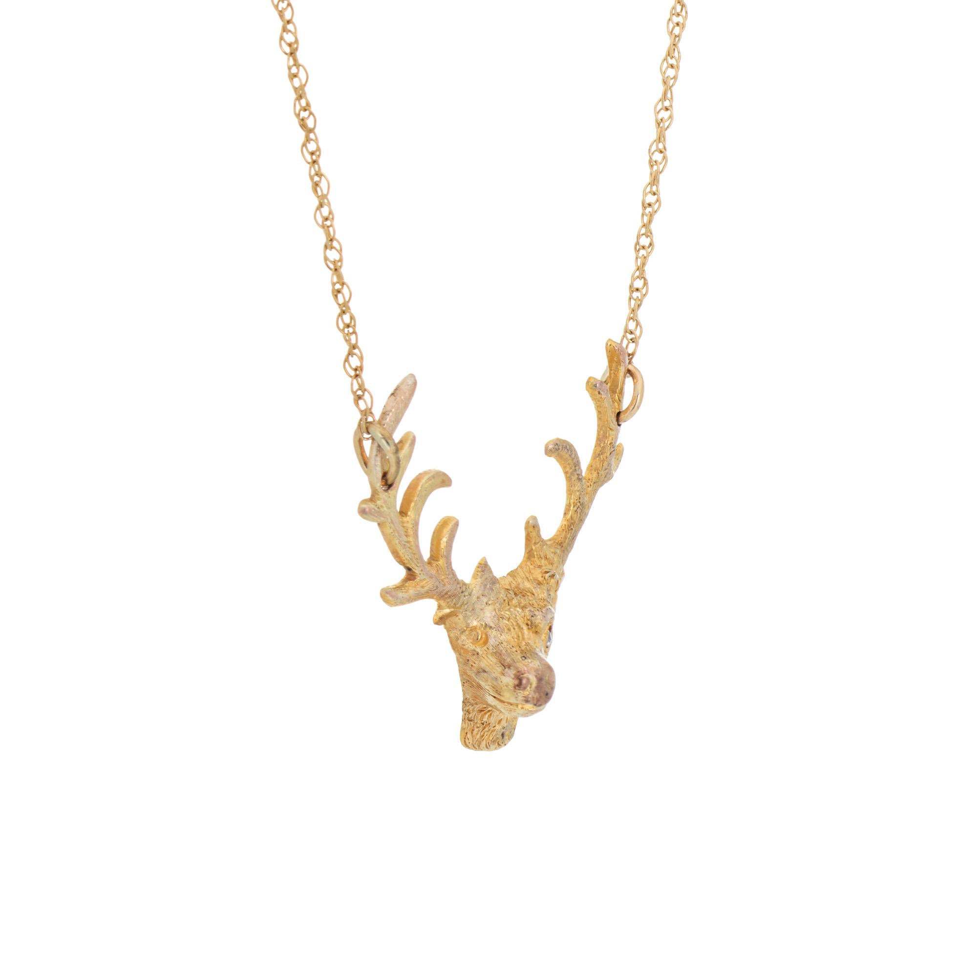 Rétro Collier buste de cerf vintage en or 14 carats avec diamants, chaîne de 19 pouces en vente