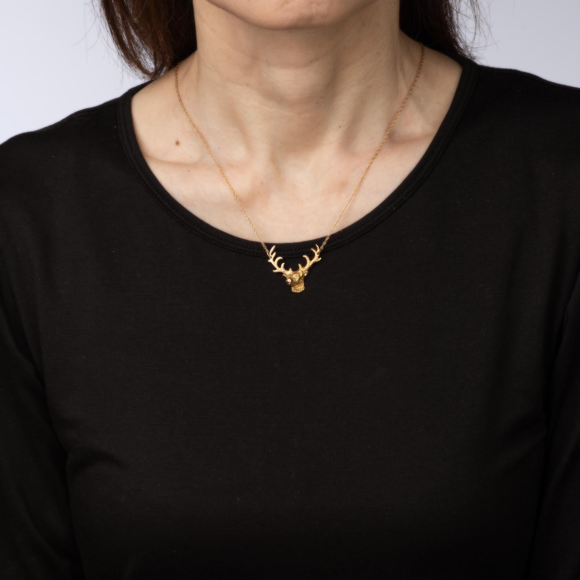 Collier buste de cerf vintage en or 14 carats avec diamants, chaîne de 19 pouces Bon état - En vente à Torrance, CA