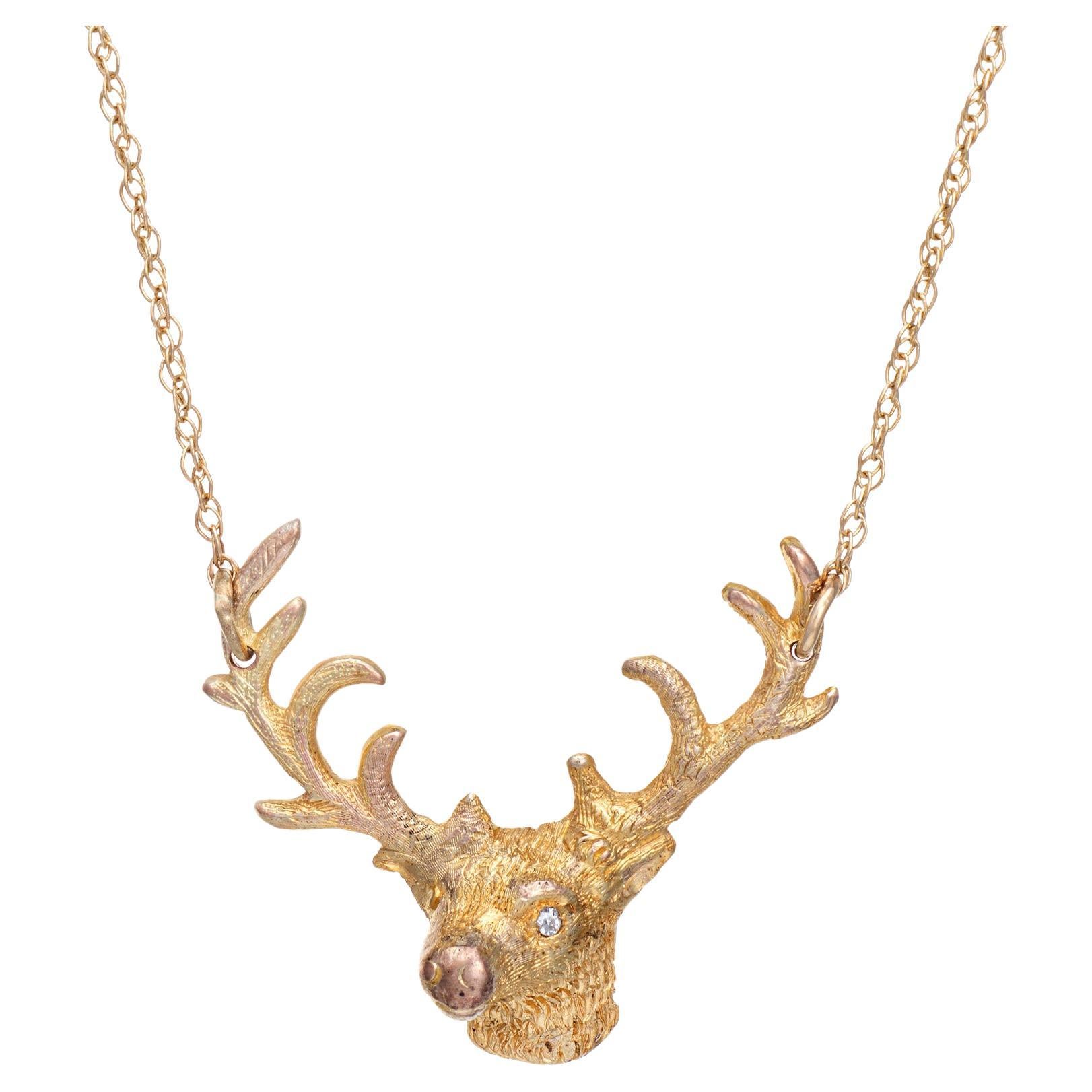 Deer Antler Bust Necklace Vintage 14k Gold Diamond 19" Chain Animal Jewelry
