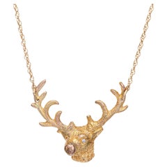 Deer Antler Bust Necklace Vintage 14k Gold Diamond 19" Chain Animal Jewelry