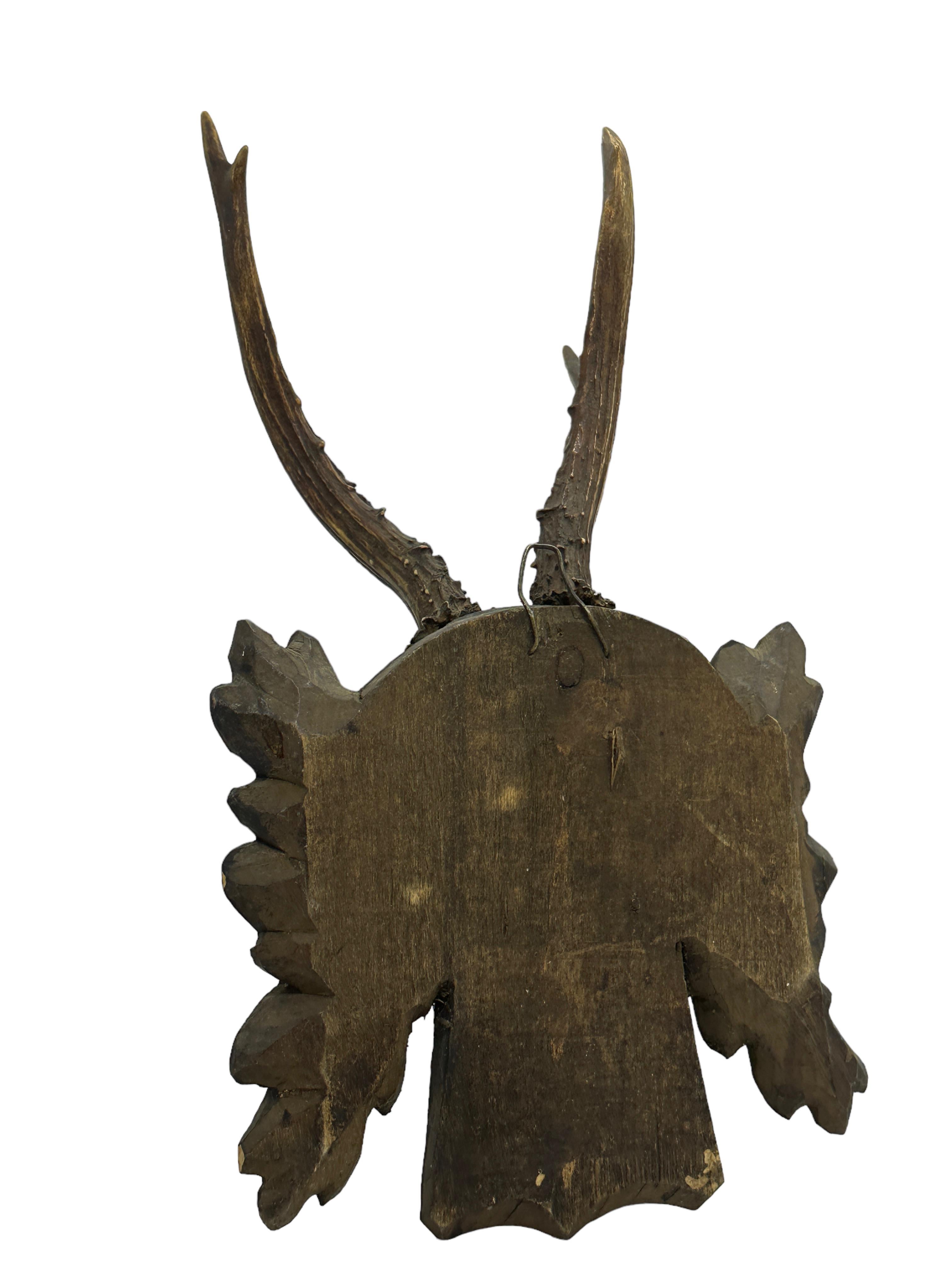 Hand-Carved Deer Antler Mount Trophy on Black Forest Carved Wood Plaque Austria Folk Art  For Sale