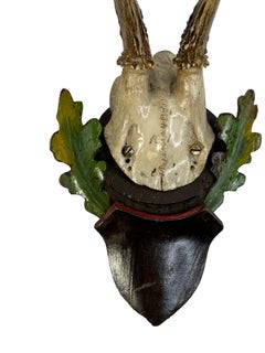Deer Antler Mount Trophy on Black Forest Carved Wood Plaque German Folk Art