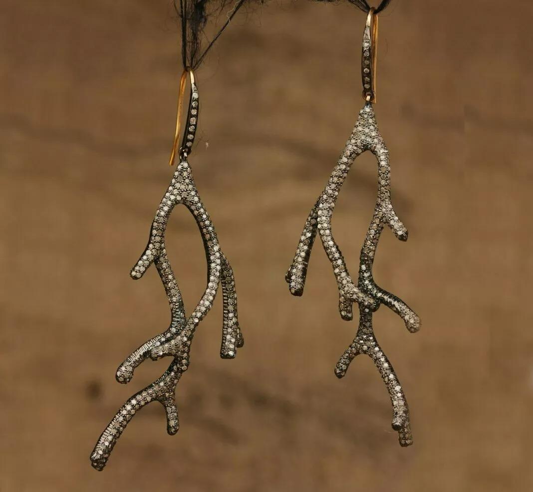 Round Cut Deer Antler Pave Diamond Earring 14k Gold & 925 Silver For Sale