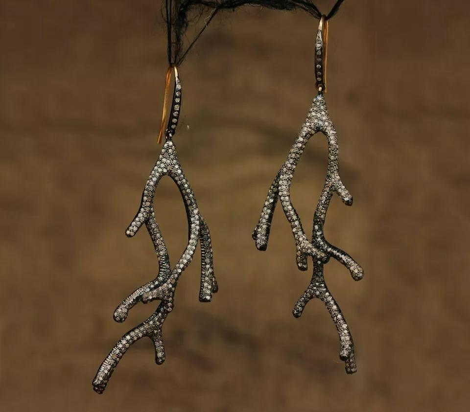 Deer Antler Pave Diamond Earring 14k Gold & 925 Silver In New Condition For Sale In Chicago, IL