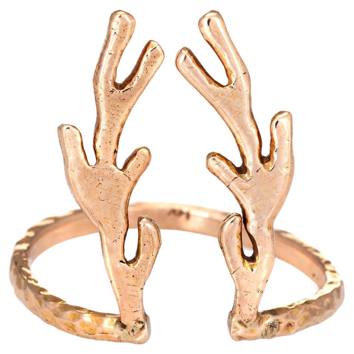 Deer Antlers Ring Estate 14k Rose Gold Vintage Fine Animal Horn Spike Jewelry For Sale