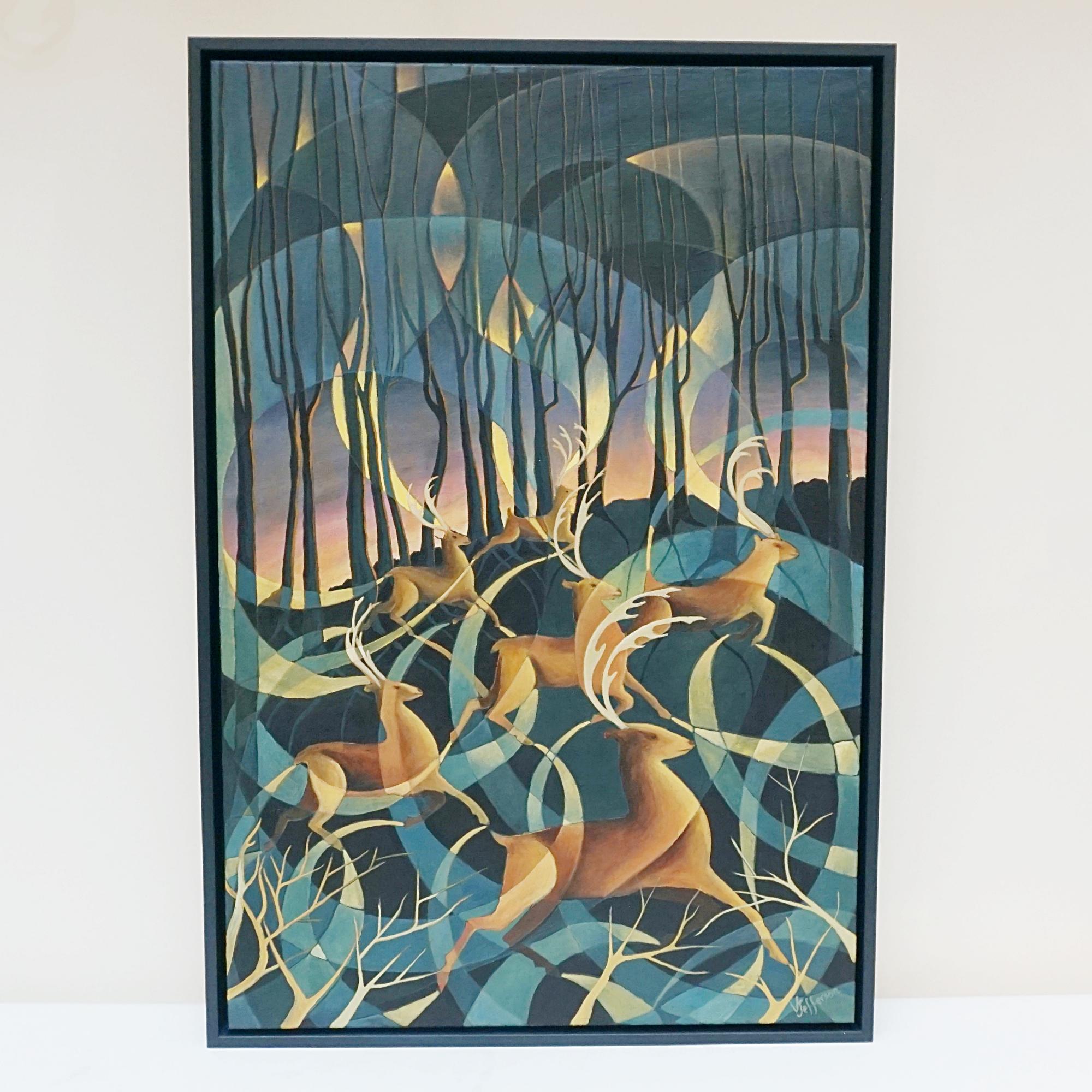'Deer At Dusk' An Art Deco Style Contemporary painting by Vera Jefferson depicting galloping deer against a stylised woodland background. Signed V Jefferson to lower right. 

Dimensions: H 93cm W 63.5 D 5cm

 Vera Jefferson trained at Goldsmiths