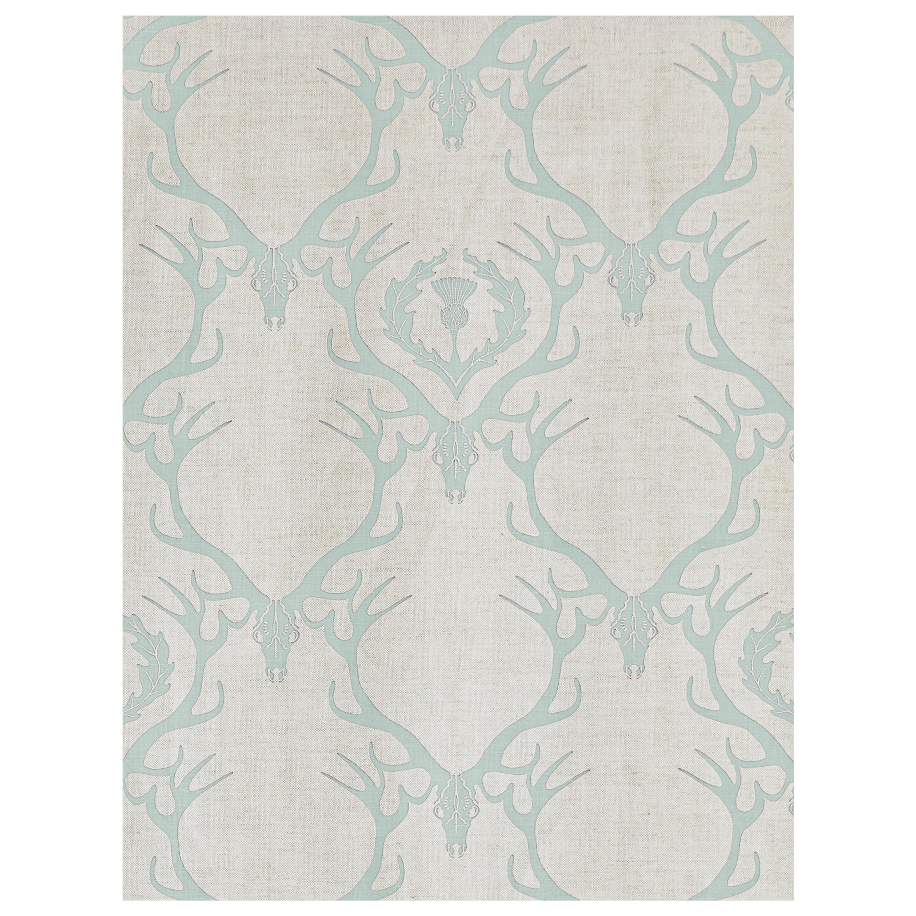 'Deer Damask' Contemporary, Traditional Fabric in Duck Egg Blue For Sale