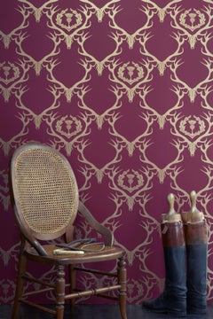 'Deer Damask' Contemporary, Traditional Wallpaper in Claret