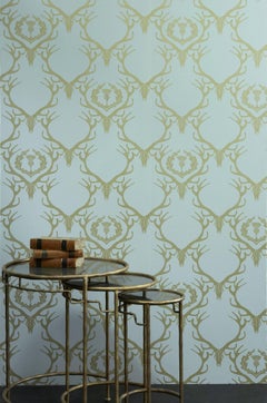 'Deer Damask' Contemporary, Traditional Wallpaper in Duck Egg