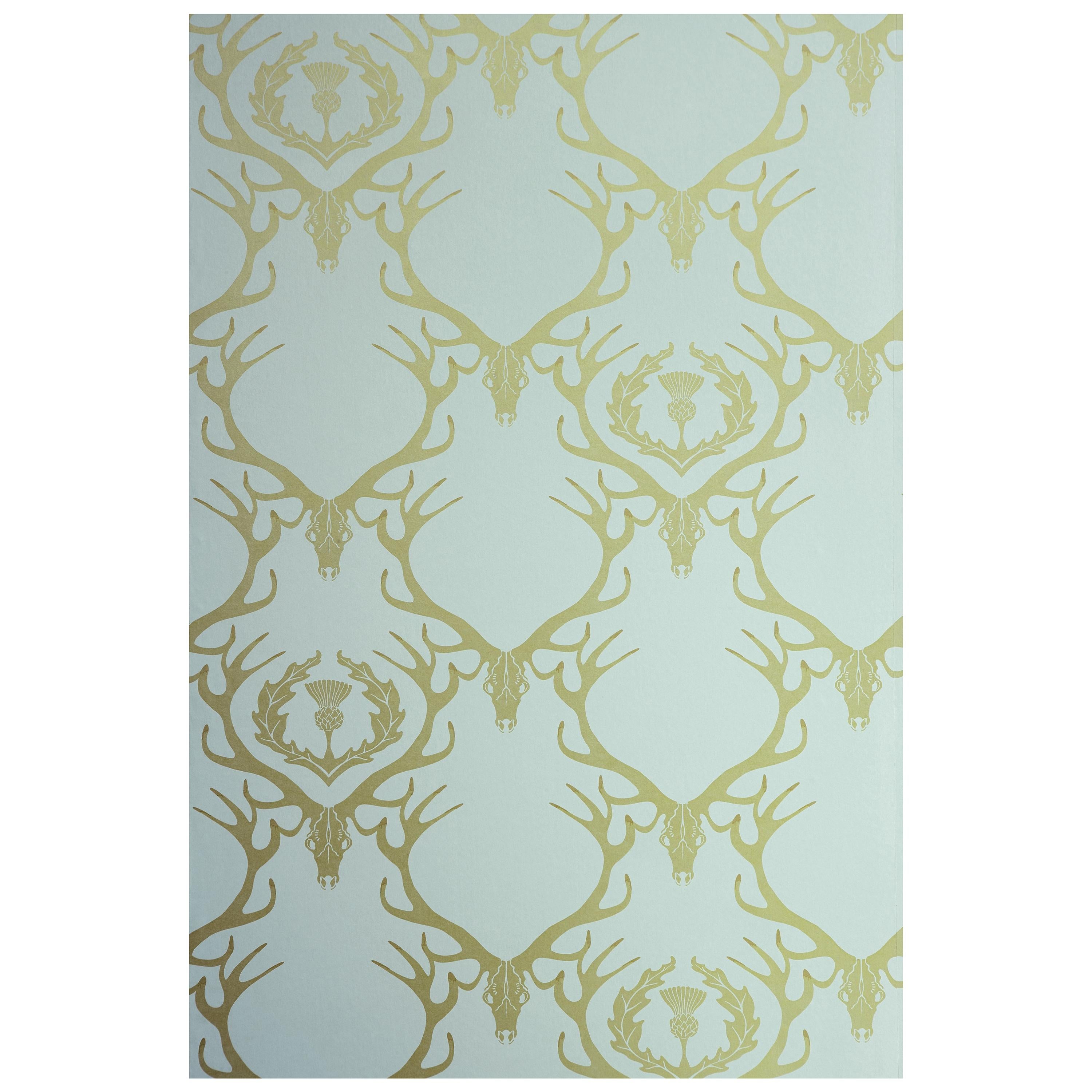 'Deer Damask' Contemporary, Traditional Wallpaper in Duck Egg For Sale