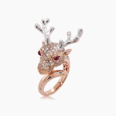 Deer Diamond Pave & Ruby 18K Rose and White Gold Animal Ring
