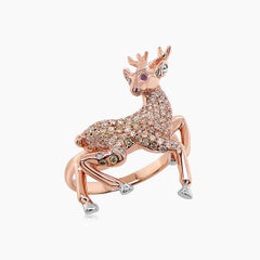 Deer Diamond Pave & Ruby 18K Rose and White Gold Animal Ring