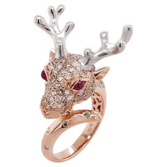 Hirsch Diamant Pave & Rubin 18K Rose und Weißgold Tier Ring