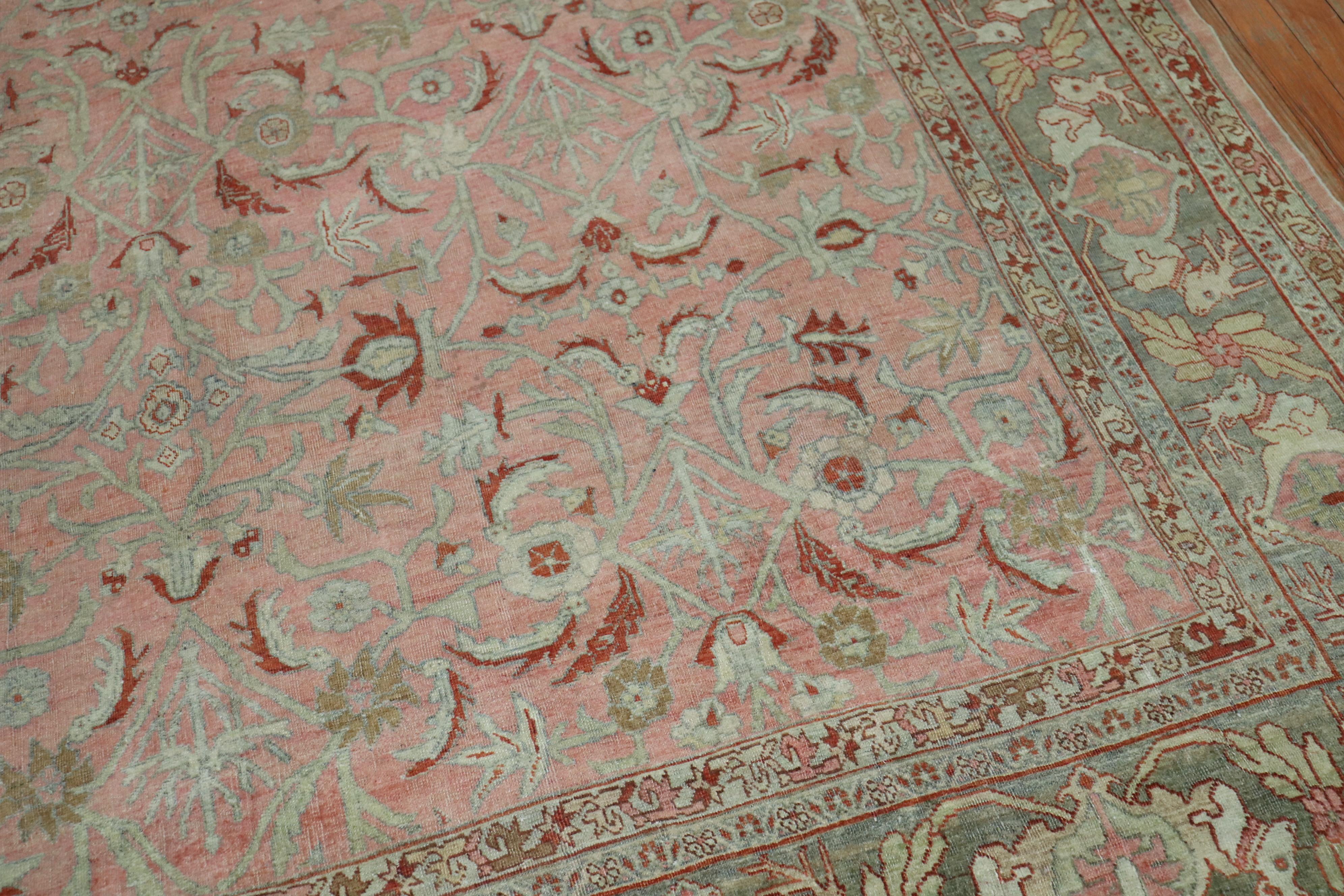 Deer Head Pink Antique Persian Bidjar Pictorial Room Size Rug For Sale 2