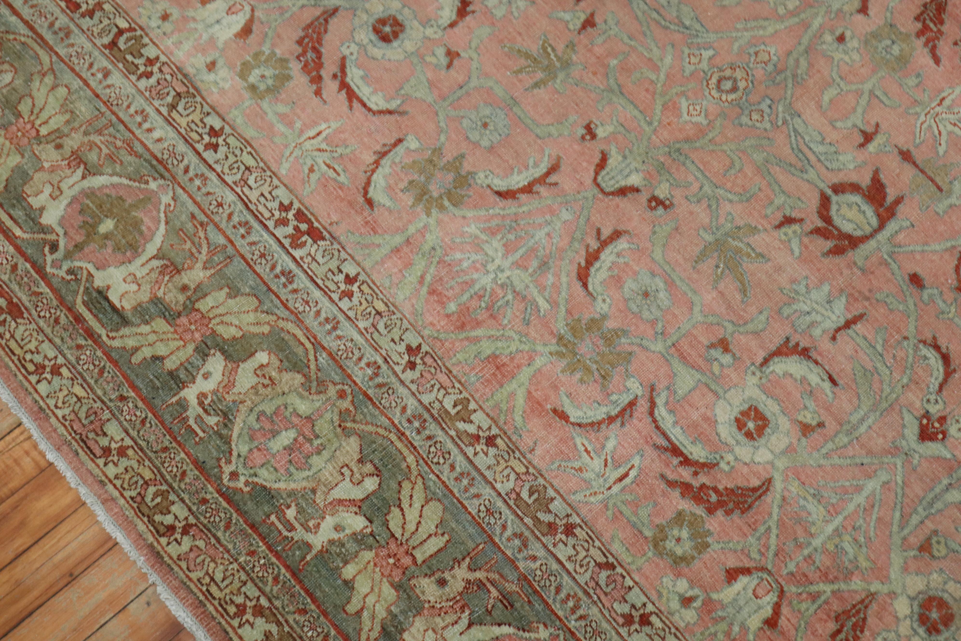 Hand-Woven Deer Head Pink Antique Persian Bidjar Pictorial Room Size Rug For Sale