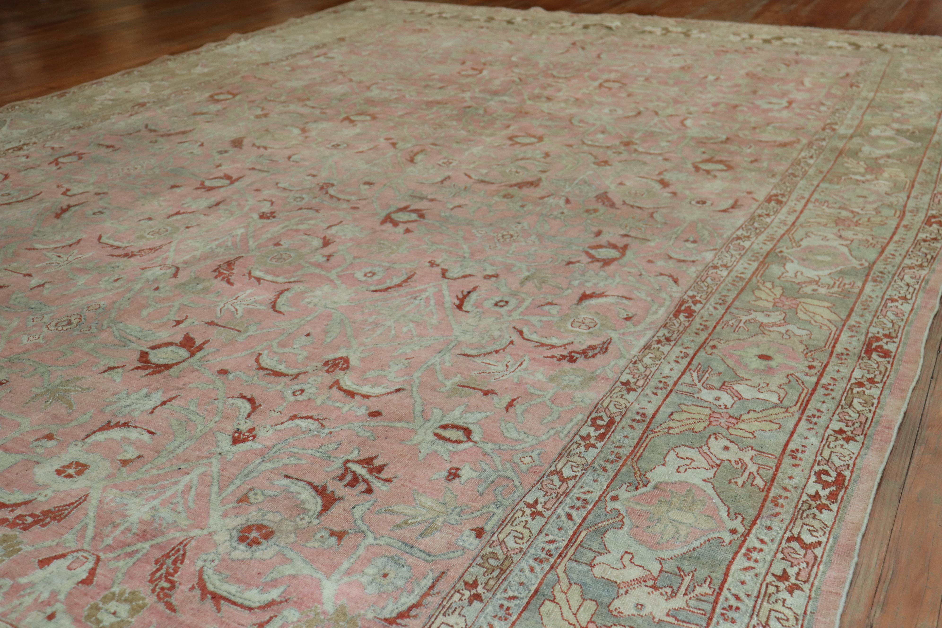 Deer Head Pink Antique Persian Bidjar Pictorial Room Size Rug In Good Condition For Sale In New York, NY