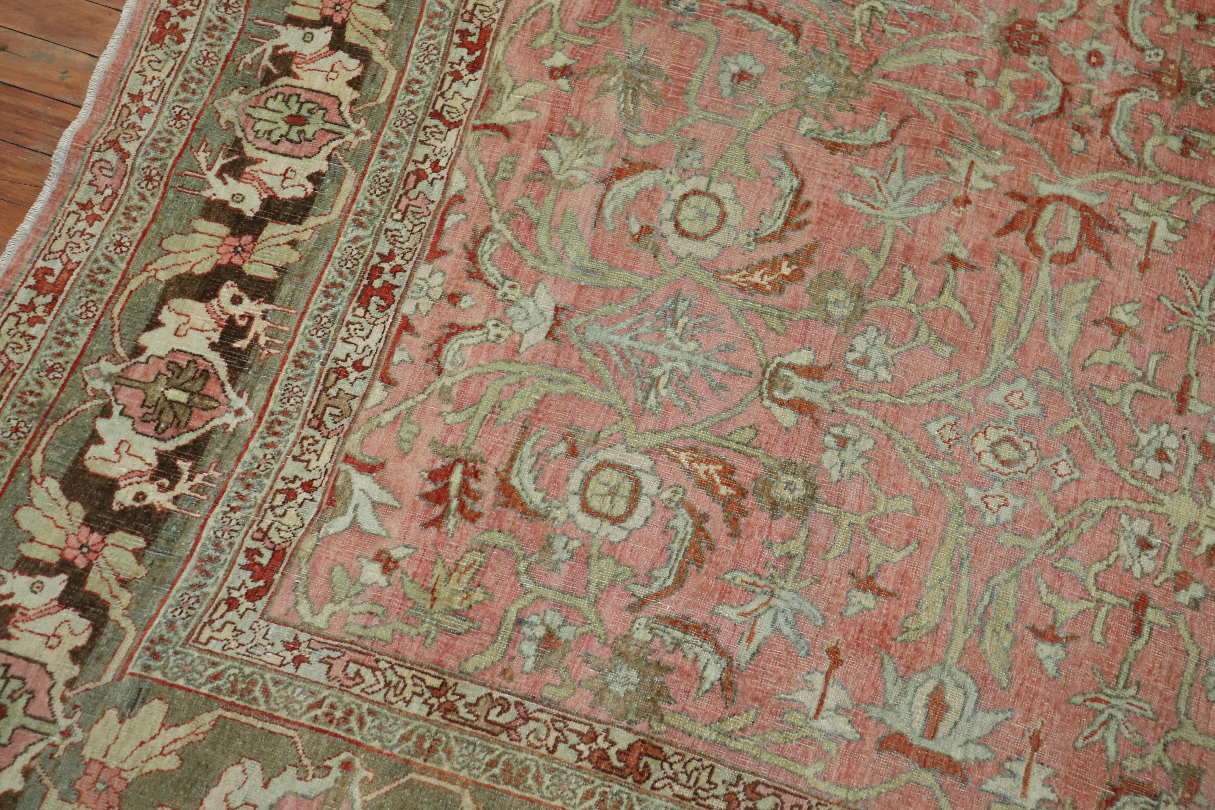 Wool Deer Head Pink Antique Persian Bidjar Pictorial Room Size Rug For Sale