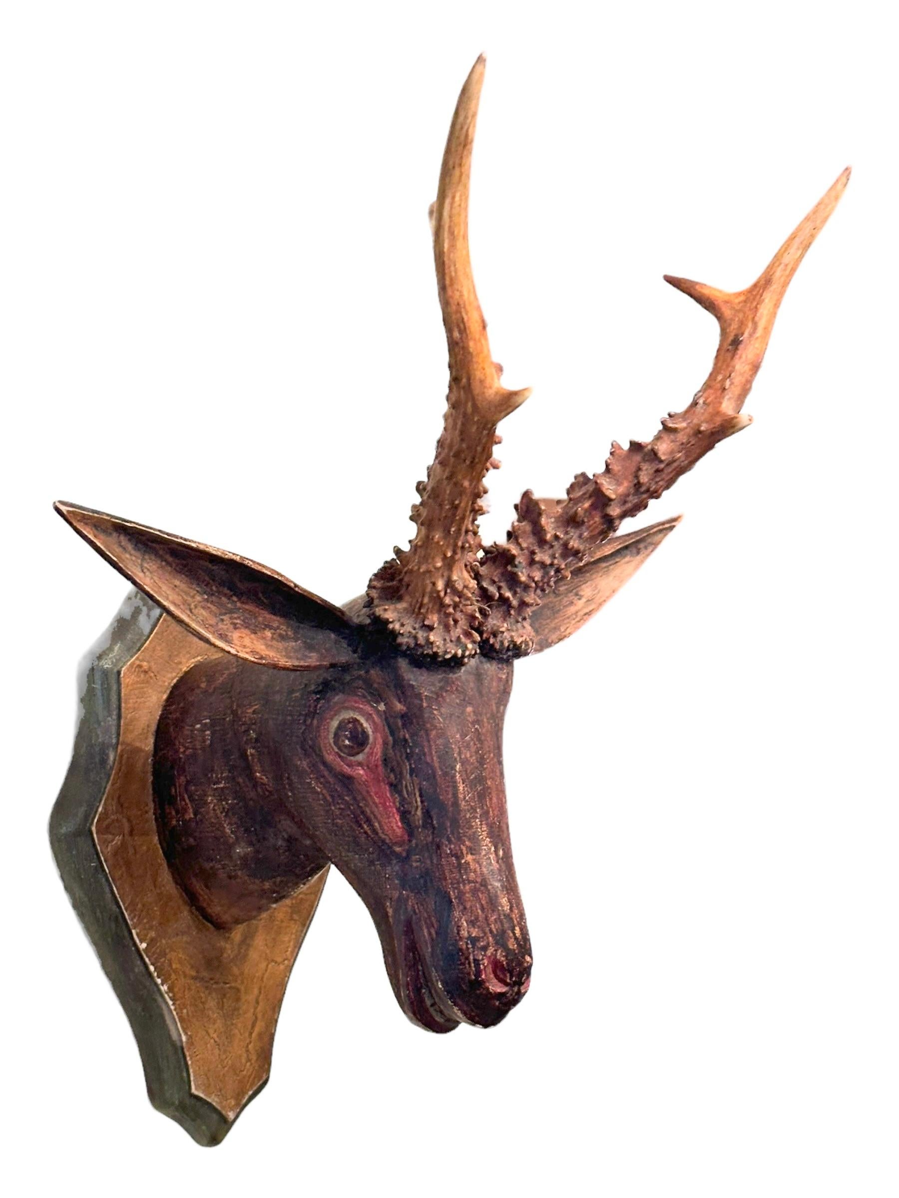 Cabeza de ciervo primitivo Black Forest Trofeo de madera de arte popular tallado a mano Siglo XIX Bosque negro en venta