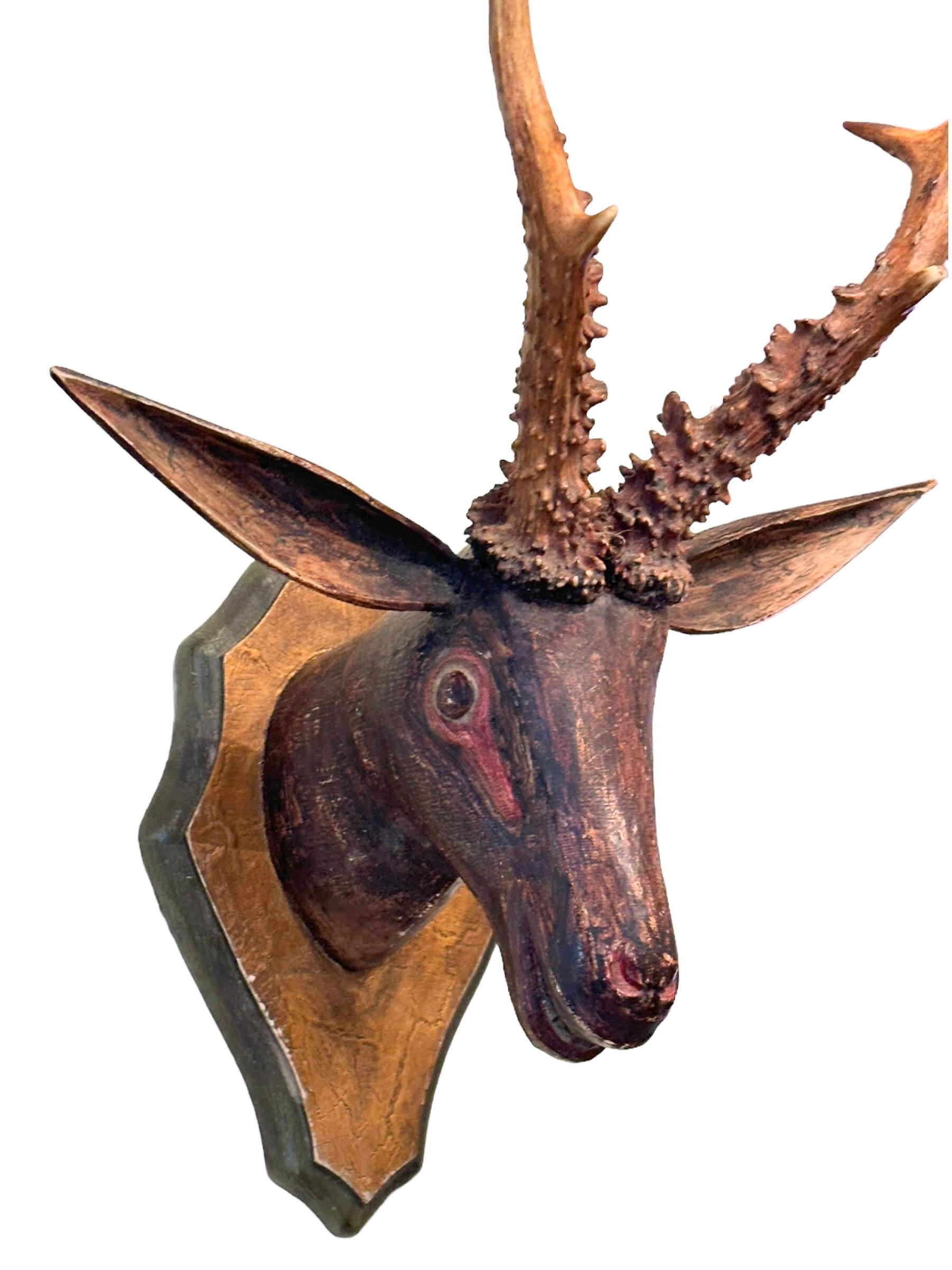 Cabeza de ciervo primitivo Black Forest Trofeo de madera de arte popular tallado a mano Siglo XIX Austríaco en venta