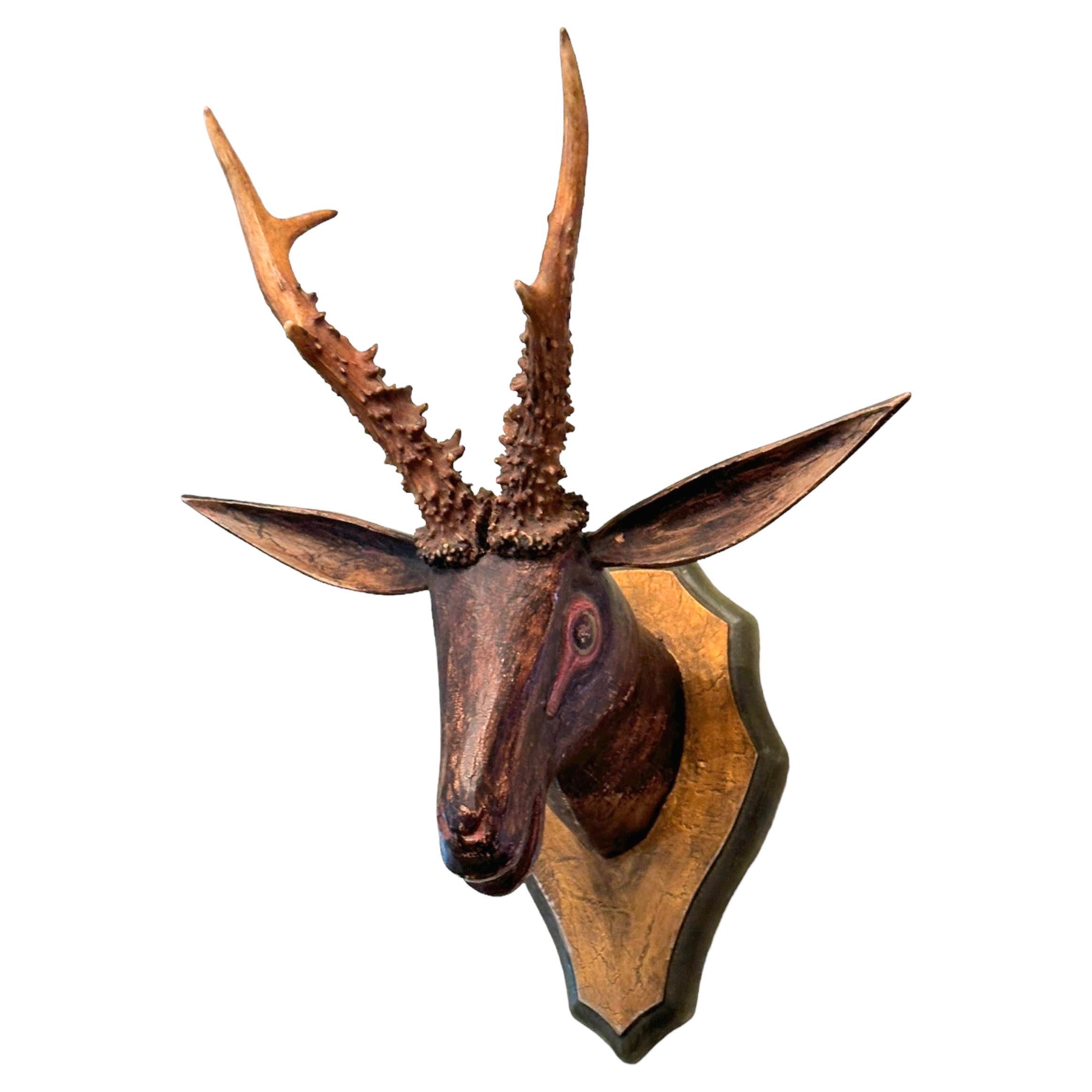 Deer Head primitive Black Forest Hand Carved Folk Art Wooden Trophy 19th Century