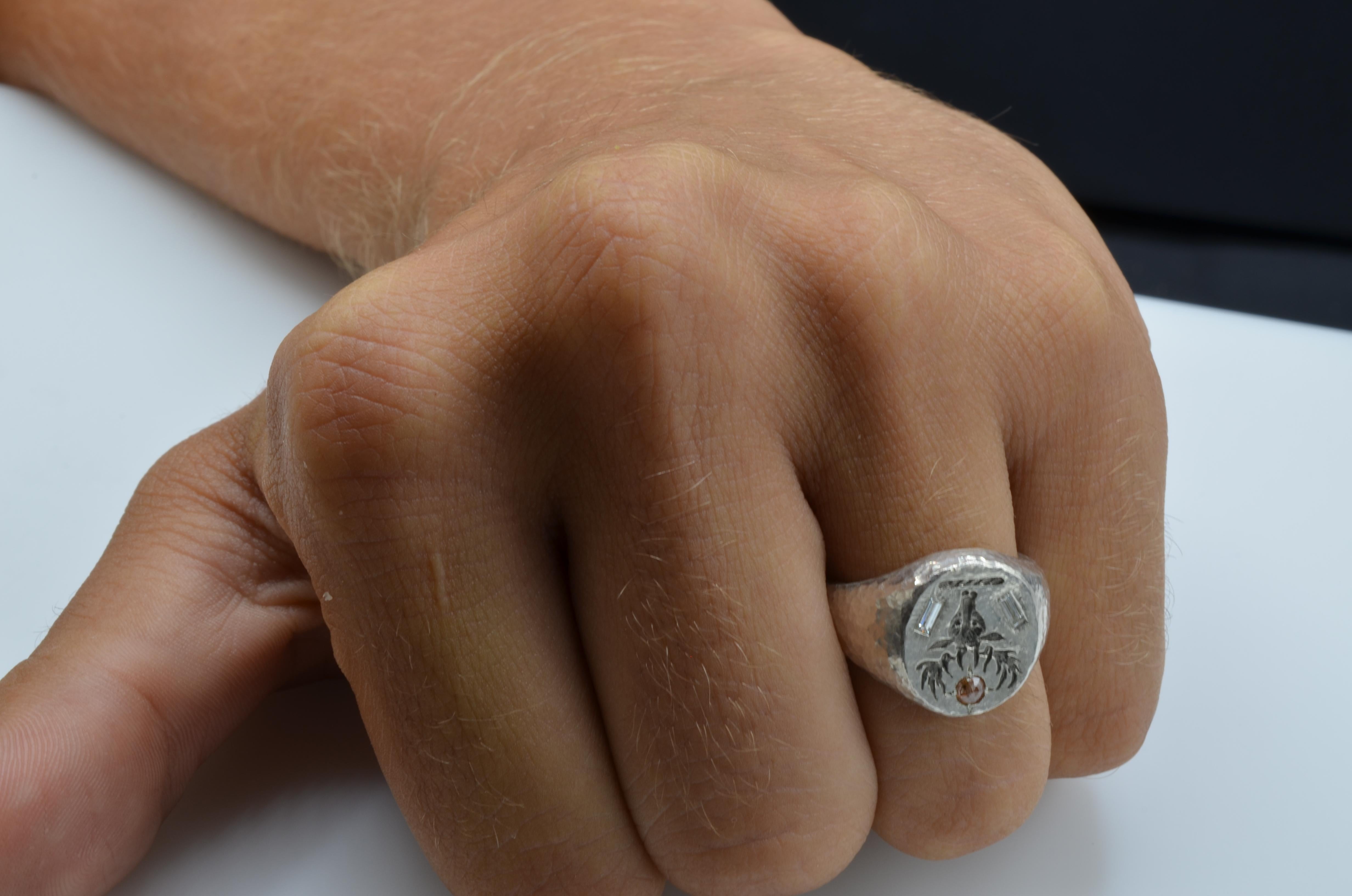 Deer Head Signet Diamond Baguette Rose Cut Sterling Silver Hammer Texture Ring For Sale 1