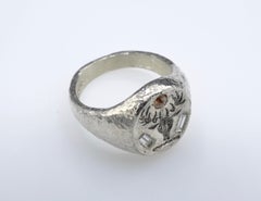 Deer Head Signet Diamond Baguette Rose Cut Sterling Silver Hammer Texture Ring