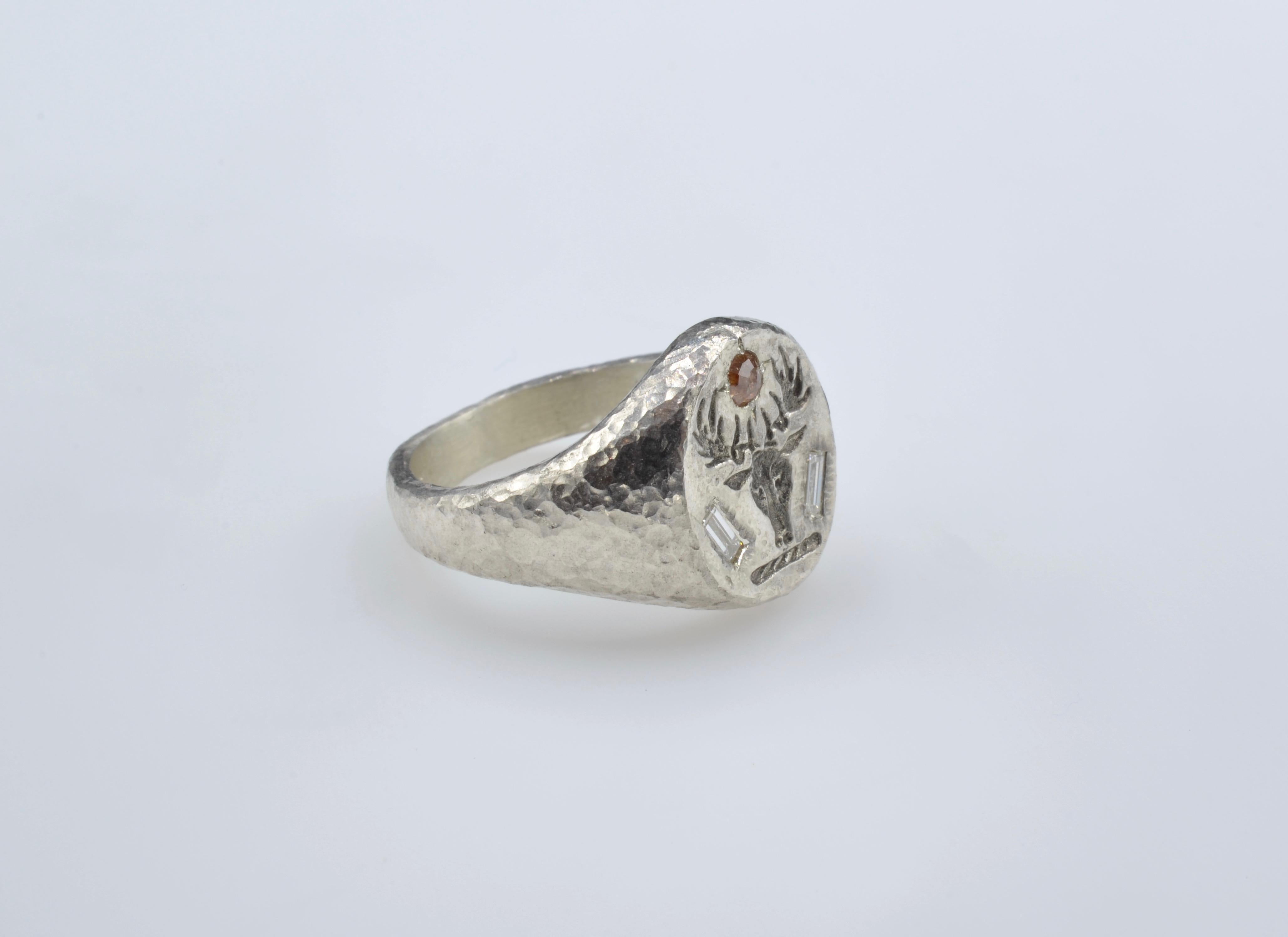 Women's or Men's Deer Head Signet Diamond Baguette Rose Cut Sterling Silver Hammer Texture Ring